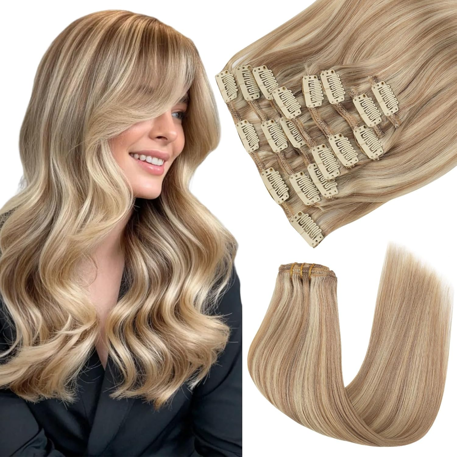 Sixstarhair Clip in Hair Extensions Real Human Hair Blonde Highlights Clip in Extensions Dark Blonde Mix Light Blonde Hair Extensions Human Hair 16 Inch 120G 8 Pcs image number 3