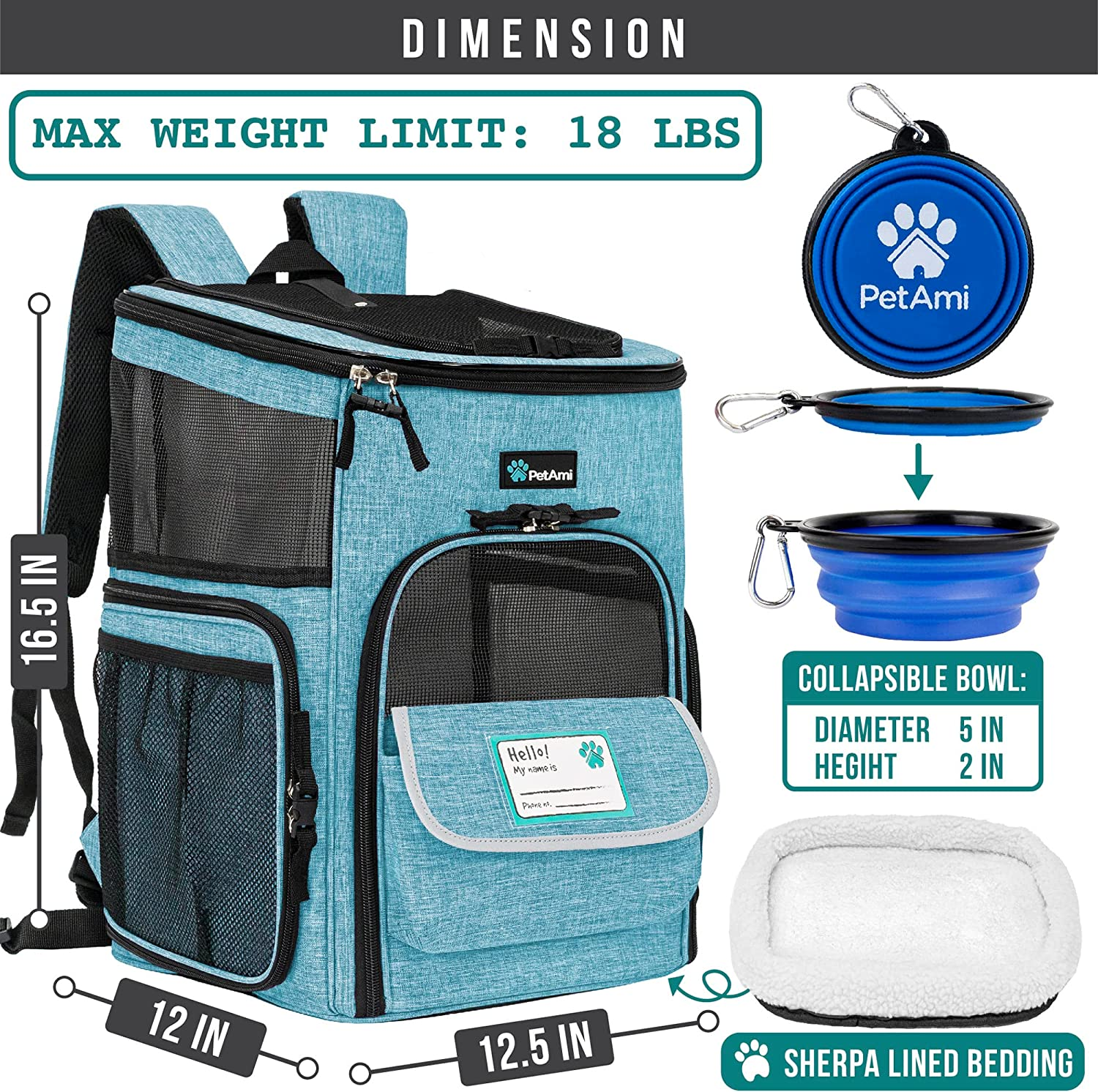 Petami Pet Carrier Backpack for Small Cats, Dogs, Puppies | Ventilated Structured Frame, 4 Way Entry, Safety and Soft Cushion Back Support | Collapsible for Travel, Hiking, Outdoor (Turquoise) image number 5