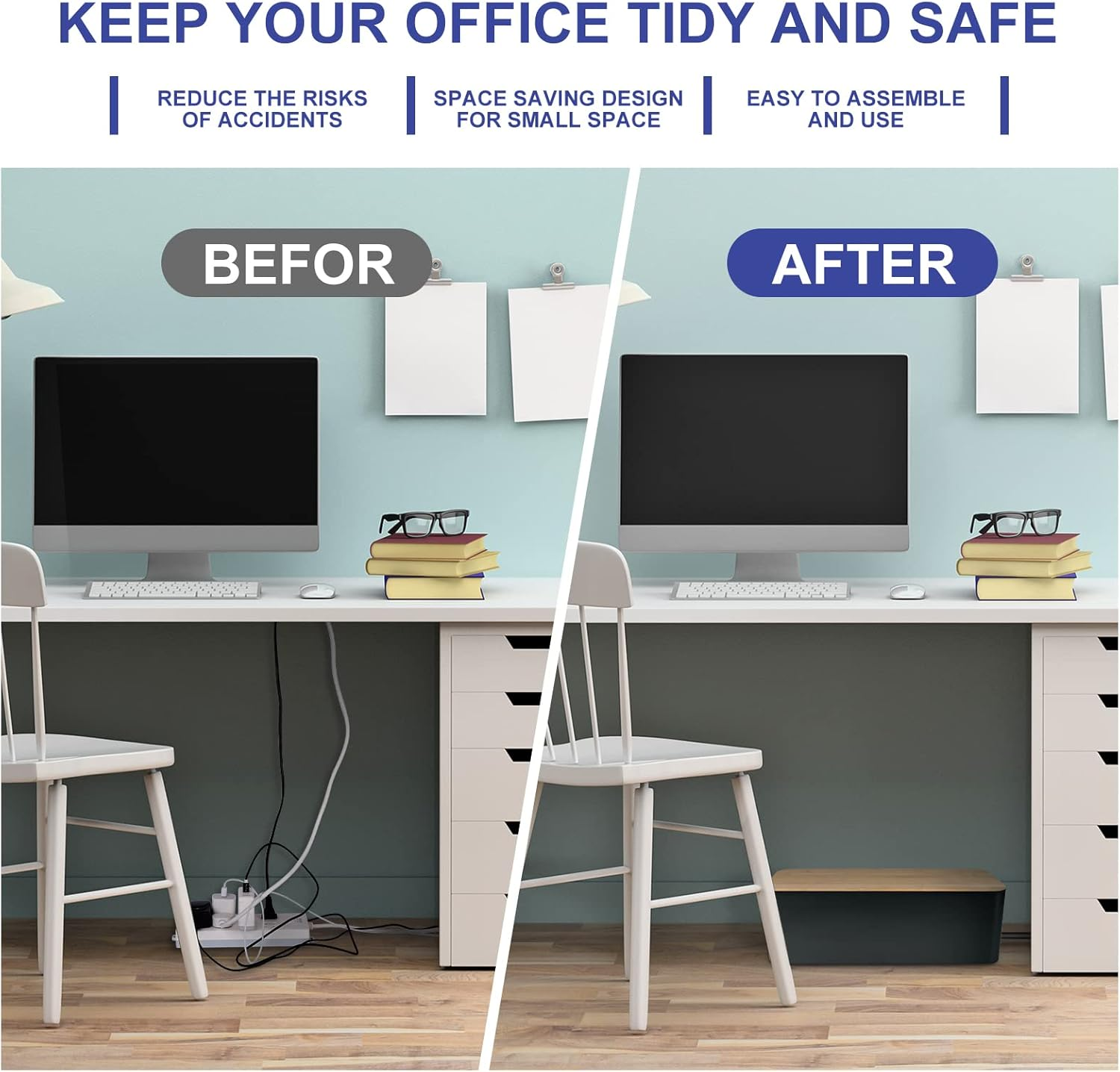 Cable Management Box - Wooden Style Cord Organizer Box to Hide Wires & Power Strips | Desk Computer Cable Organizer Box | Safe ABS Material | 12.6" (L) X 5.3" (W) 4.9" (H) | for Home & Office - Black image number 5