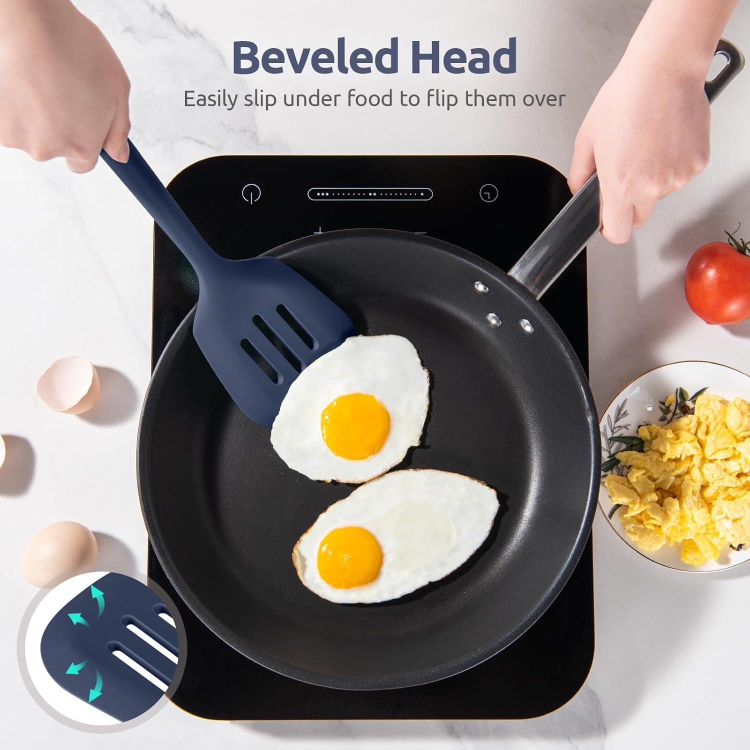 U-Taste 9.5Cm Wide Slotted Turner - 315℃ Heat Resistant 34Cm Non-Stick Food Grade Silicone Cooking Egg Spatula, Flexible and Stiff Seamless Rubber Kitchen Utensil for Pancake, Steak (Midnight Blue) - Aqua Sky (Solid) image number 4