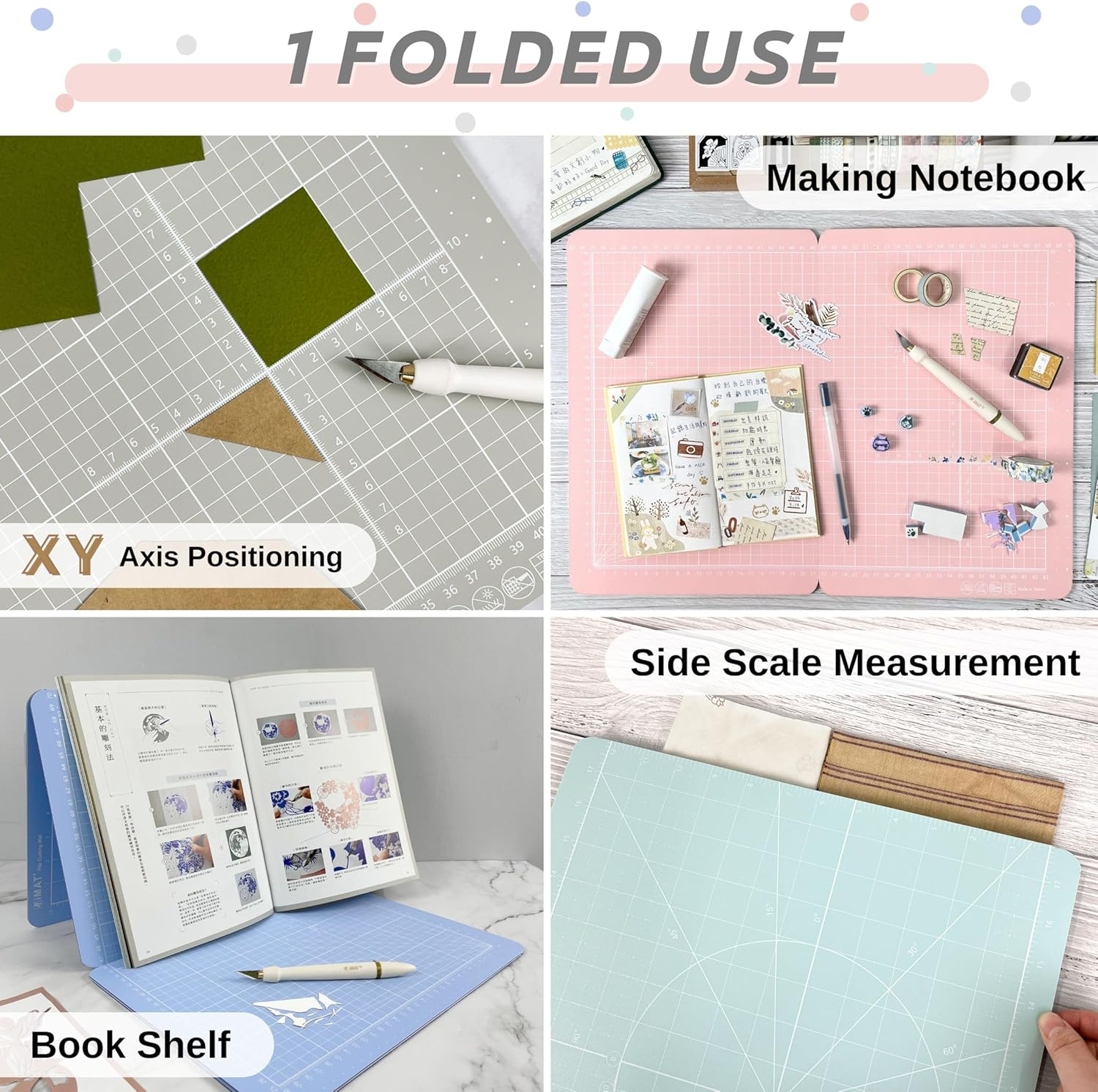 Imat Flip Cutting Mat M Type &ndash; Foldable to A4-Like Size (24&times;35 Cm), Expands to 96&times;35 Cm, Double-Sided (Inches/Cm Scale), Ideal for Craft Projects (Rose Pink) - Light Green image number 7