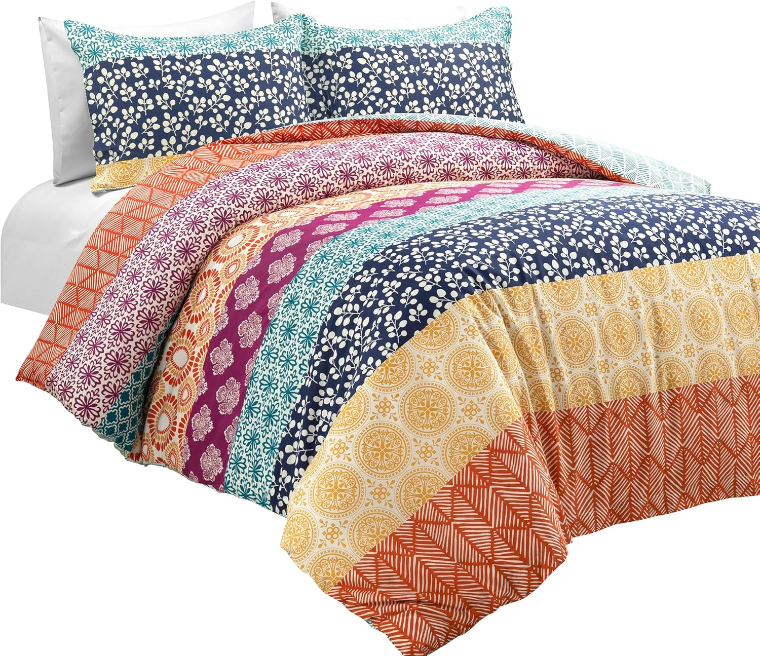 Lush Decor Bohemian Stripe Reversible Cotton Duvet Cover Set, 3 Piece Set, King, Fuchsia & Orange - Boho Bedding Set - Bold & Colorful - Striped Duvet Cover - Maximalist & Boho Bedroom Decor image number 2
