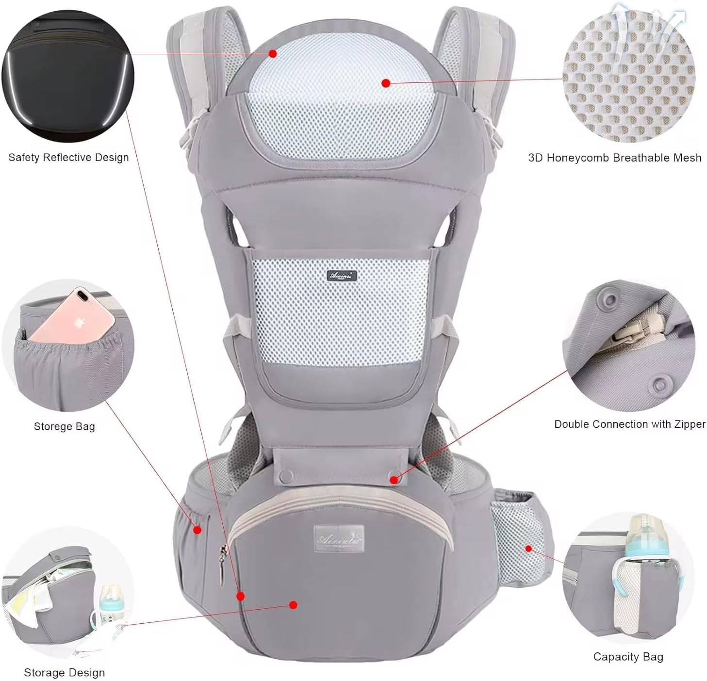 Baby Carrier &ndash; Ergonomic Newborn Carrier 3.5&ndash;15 Kg, Soft Structured Front & Back Carry, Breathable & Adjustable - Grey image number 6