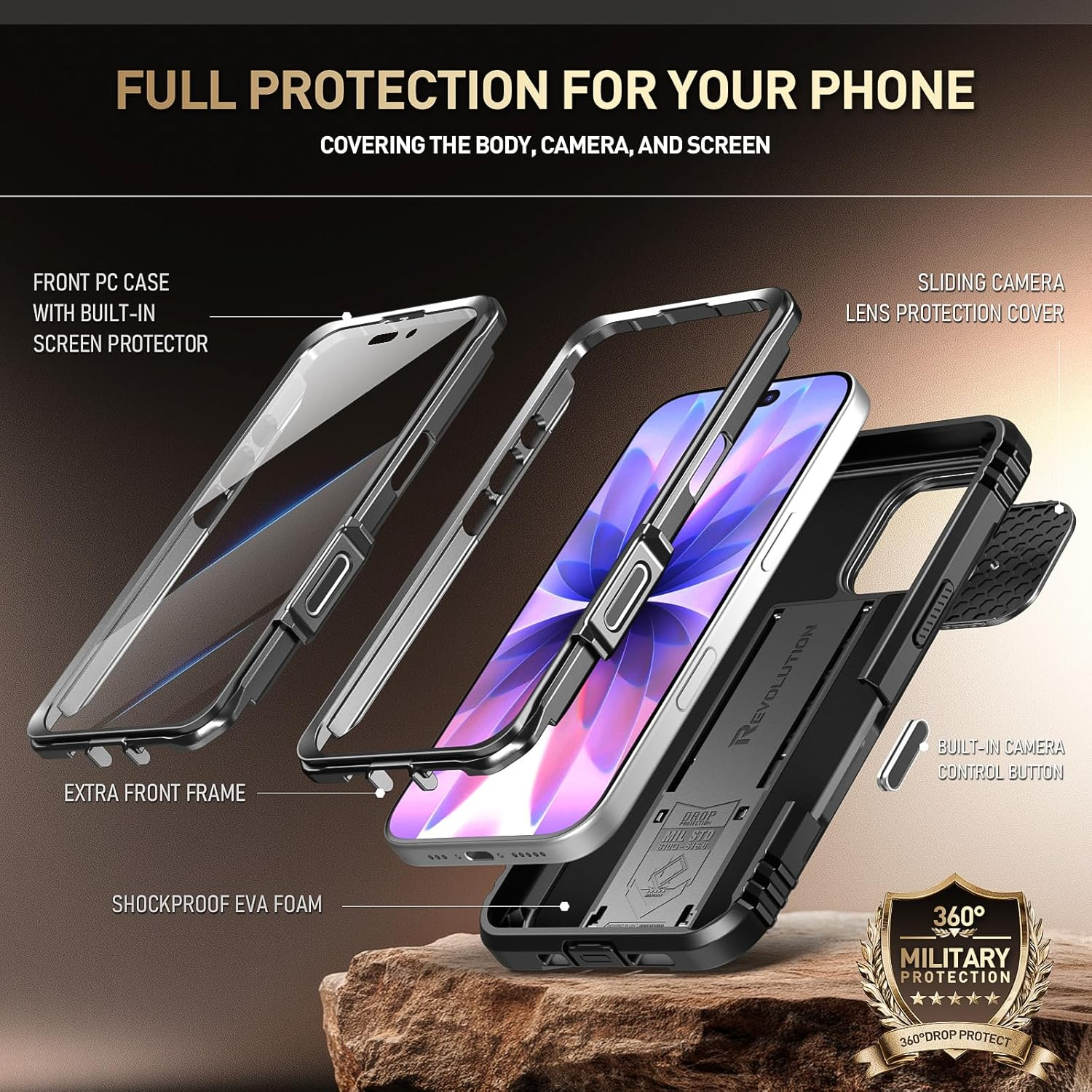 Poetic for 17 Case with Camera Control Capture Button, [Slide Camera Cover] [Built-In Stand] [Built-In Screen Protector] Full-Body Military Grade Rugged Phone Case for 17, Black image number 1