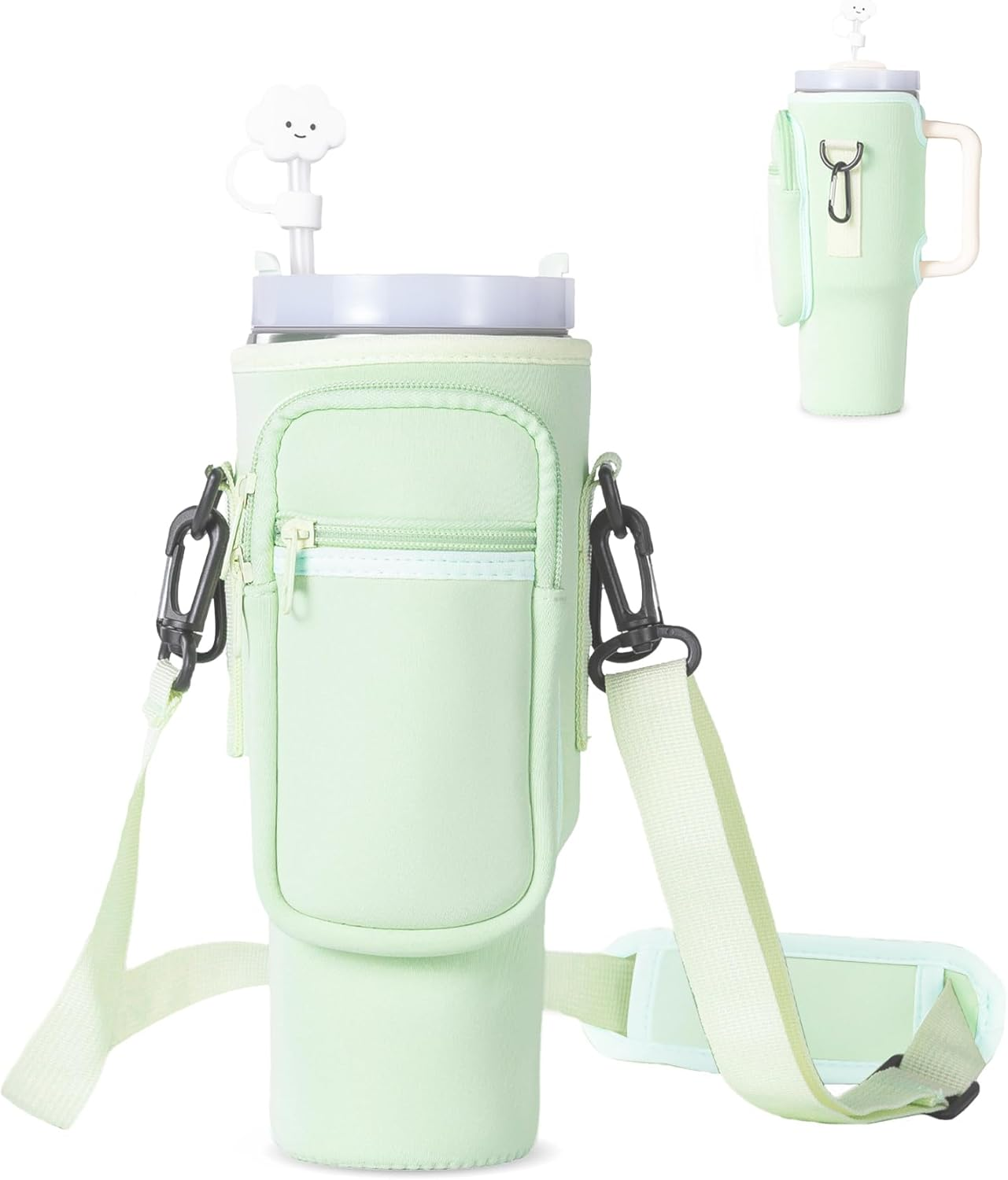 Dabria Water Bottle Carrier Bag with Phone Pocket for Stanley 40/30 Oz Tumbler Neoprene Water Bottle Holder Pouch with Adjustable Strap Bollus with Straw Cover & Carabiner for Stanley Cup Accessories image number 1