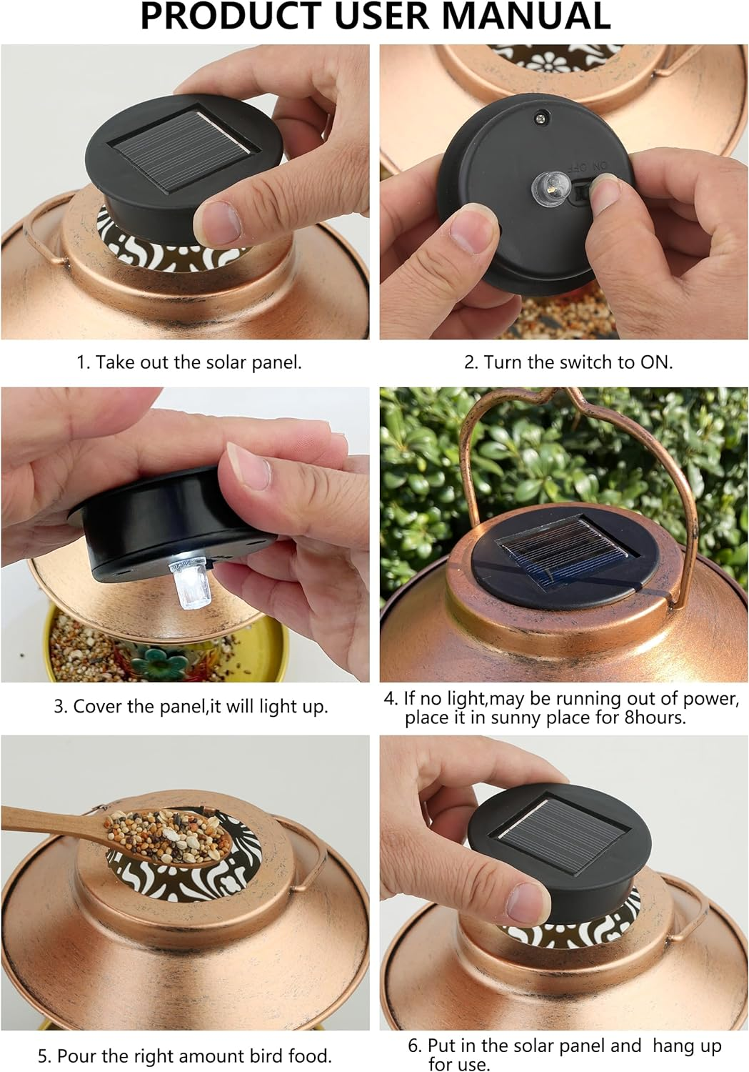 PENXUA Solar Bird Feeder for Outdoors Hunging, Gifts for Mom Grandma Women, Metal Waterproof outside Wild Bird Feeders,Cardinals Feeders, Gifts for Bird Lovers, Lantern Light, Garden Decoration image number 6