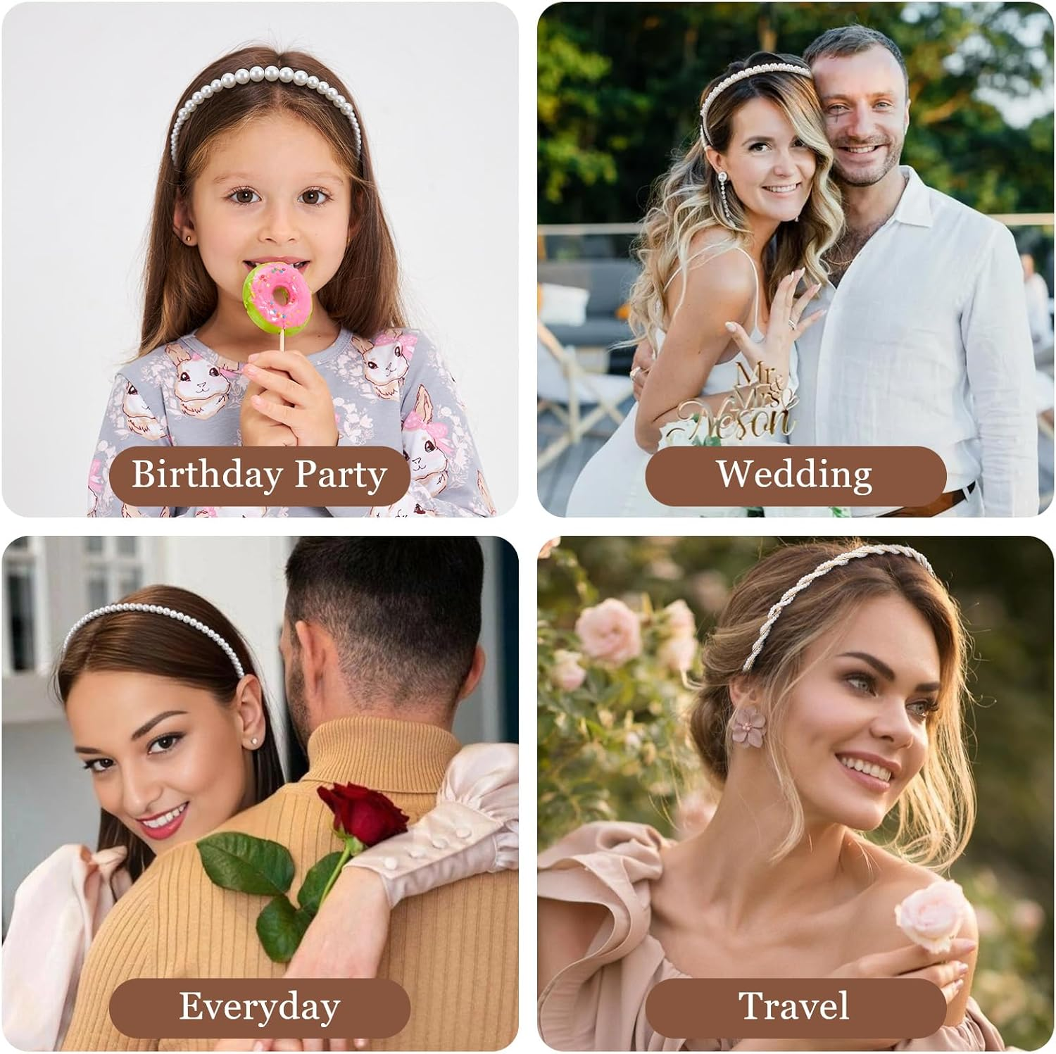 4 Pack Pearl Headband White Gold Girl Pearl Headbands Metal Thin Head Band, Artificial Pearls Headpiece Hair Accessories for Women Girls, Bridal Wedding Party Hair Hoop image number 3