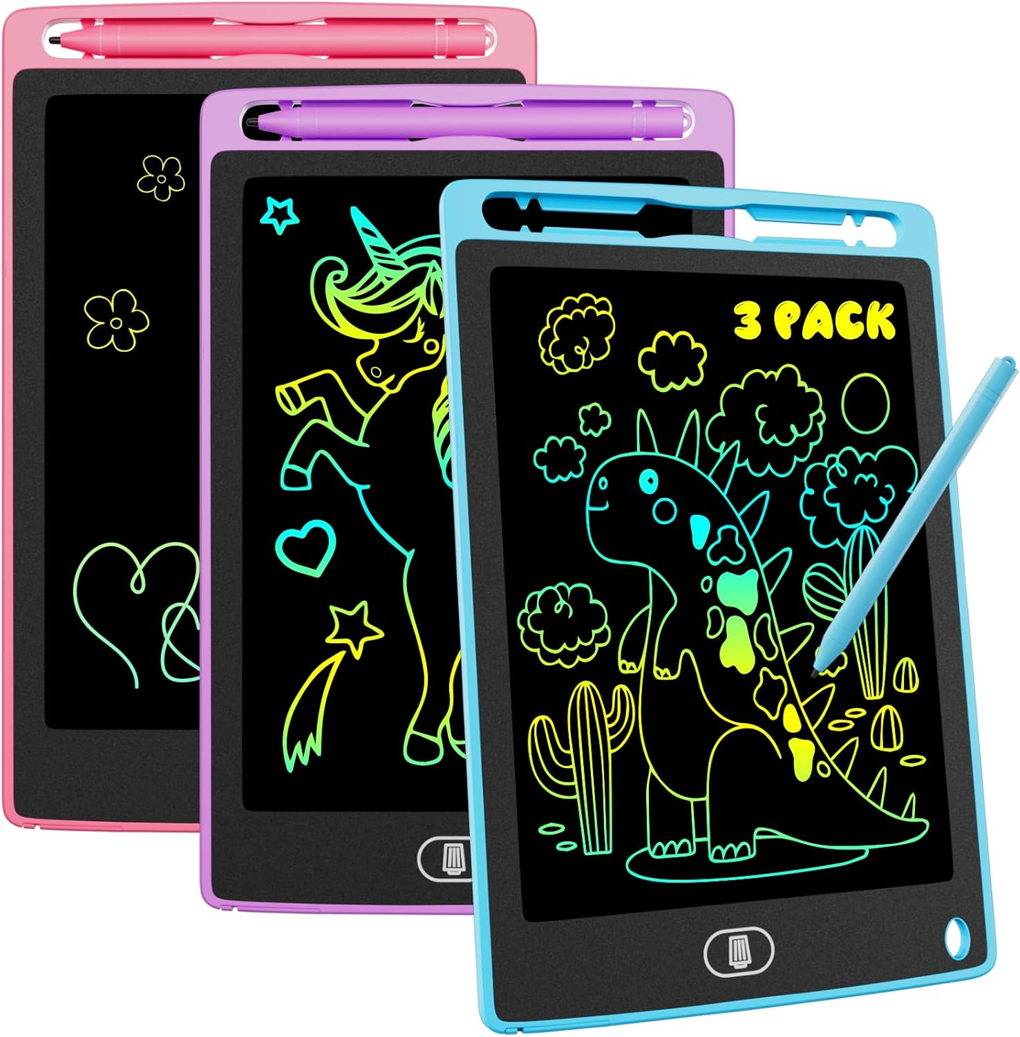 3-Pack LCD Writing Tablet for Kids 8.5 Inch, Colorful Doodle Board Drawing Pad Set, Erasable Electronic Educational Toys for Girls Boys Ages 3-8, Travel-Friendly with Lock Function & Stylus Pens