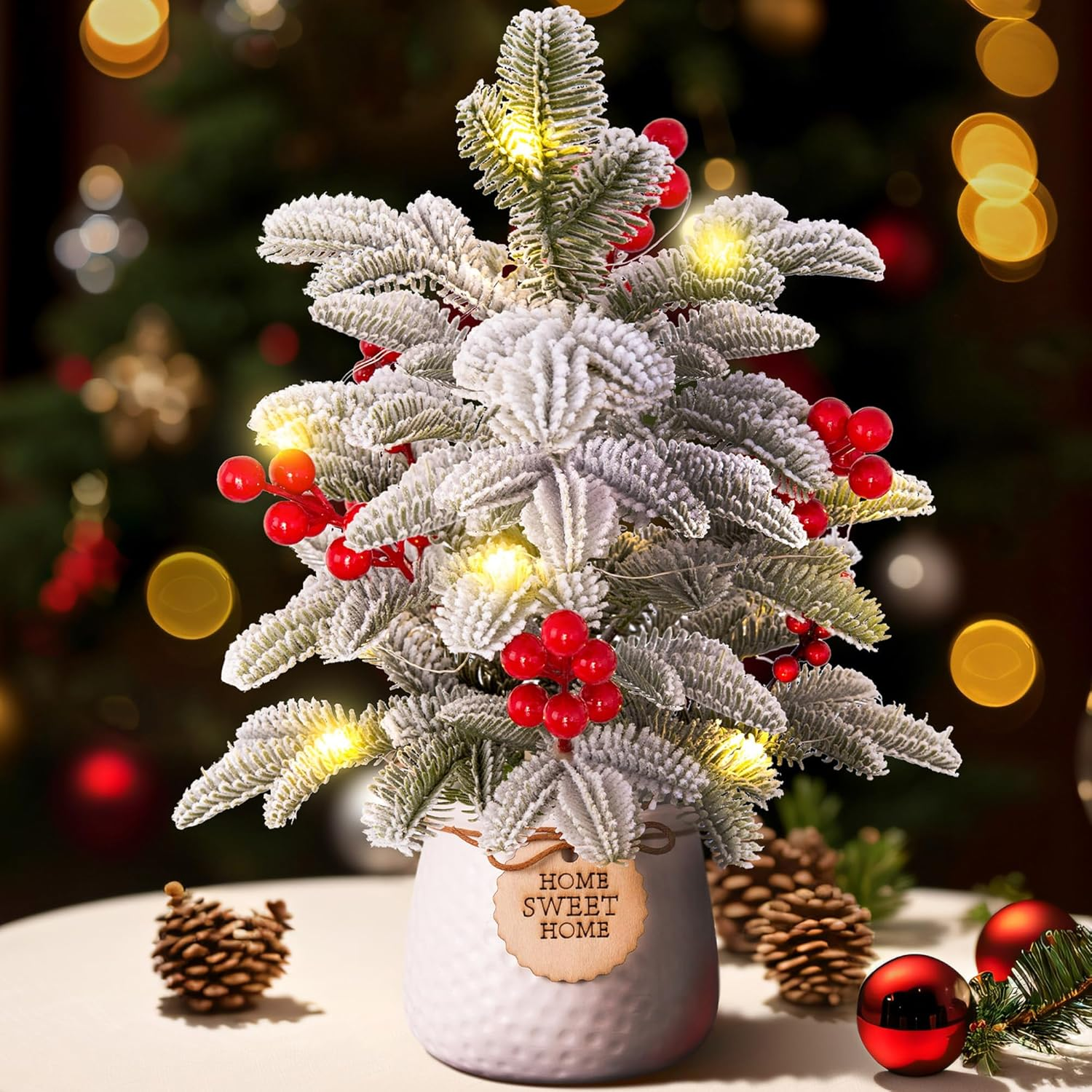 13 Inch Artificial White Christmas Tree with Lights Winter Indoor Tabletop Decor,Prelit Small Xmas Pine Tree and Realistic Berries Stems for Home Centerpiece Mantel Decor(White Basin) image number 4