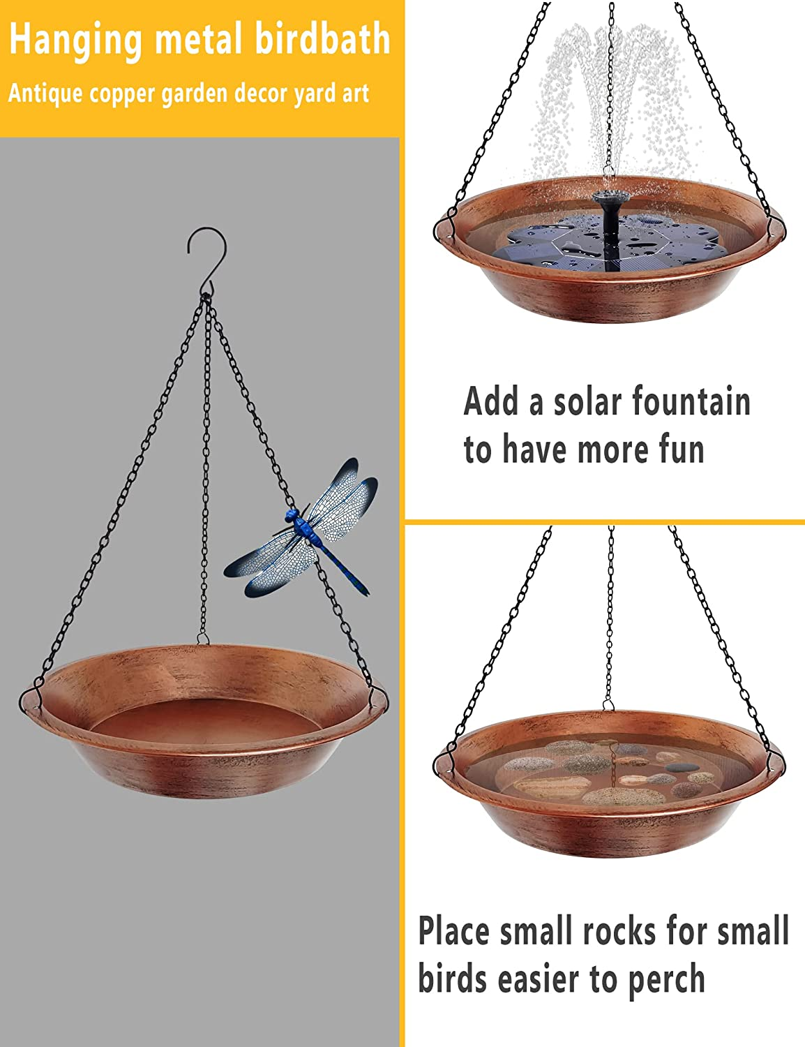 Hanging Bird Bath for Outdoor, Antique Copper Metal Bird Feeder Birdbath Bowl with 17&rdquo; Rust-Proof Black Chains for Garden Backyard Decor image number 4