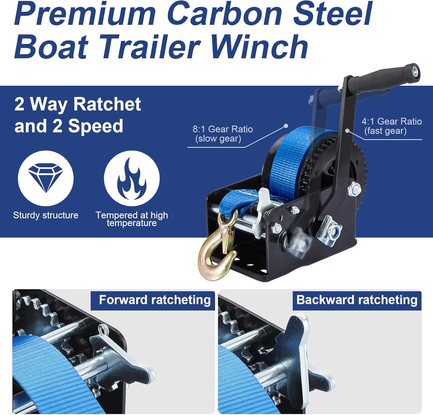 Boat Trailer Winch 3200Lbs with 33Ft(10M) Polyester Strap Hand Winch with Heavy Duty Hook 2 Way Ratchet and 2 Speed Switchable for Boat Truck Trailer ATV Jet Ski image number 5
