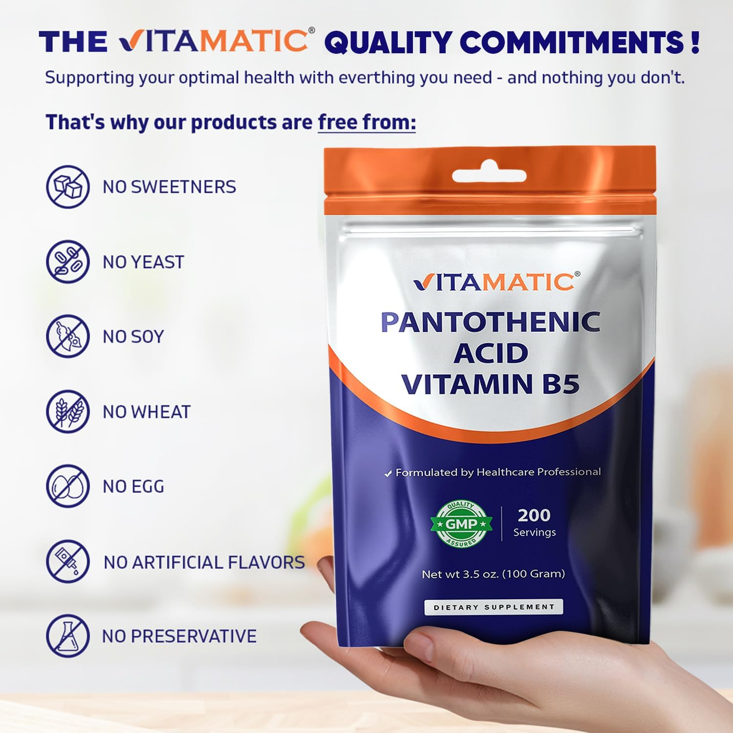 Vitamatic Pantothenic Acid Pure Powder 500 Mg per Serving - 100 Grams - Also Called Vitamin B5-200 Servings