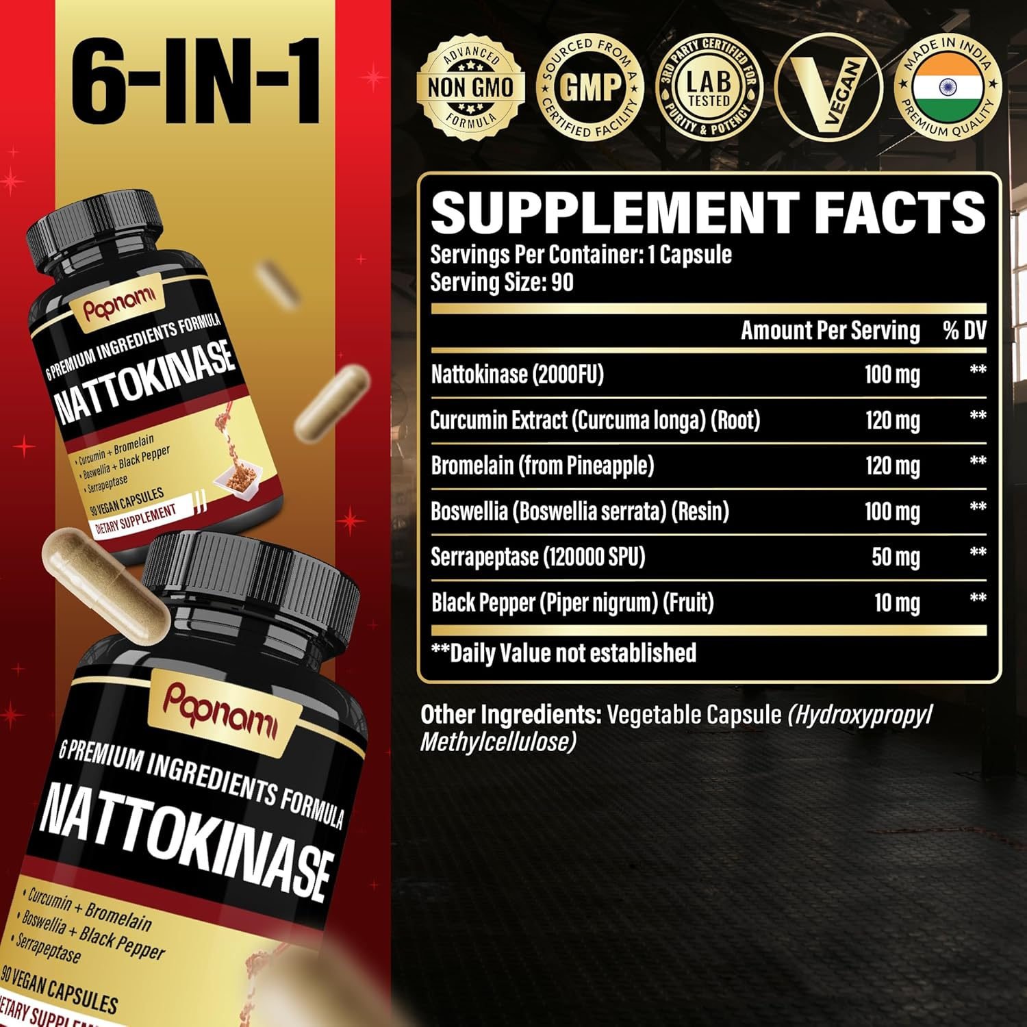 6-In-1 Nattokinase Supplements - Blended with Serrapeptase, Curcumin Extract, Bromelain, Boswellia & Black Pepper - Support Natural Antioxidant - 90 Count image number 4