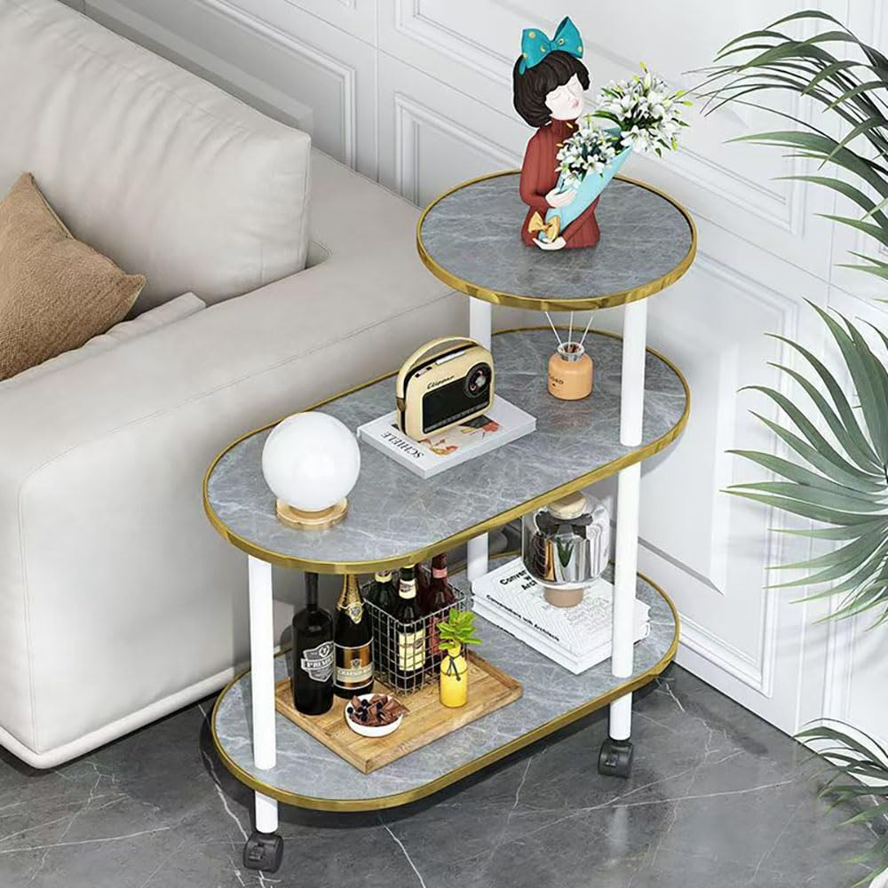 Hbluefat Modern End Table with Wheels, Rolling Sofa Side Table, 3-Tier Nightstand with Storage Shelves, Wood Bedside Table for Small Space, Living Room, Bedroom (Walnut Wood+Golden Edge)