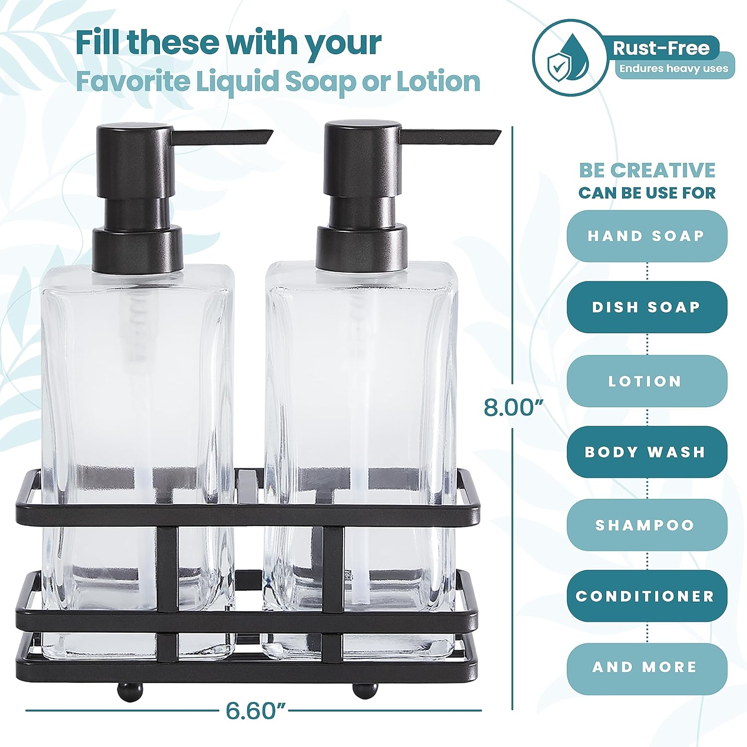 Square Glass Clear Lotion and Soap Pump Dispenser Set with Metal Stand Caddy for Bathroom Bath Kitchen Home Office Travel Hotel Hand Crafted Heavy Weight (Oil Rubbed Bronze) - Spa Blue image number 4