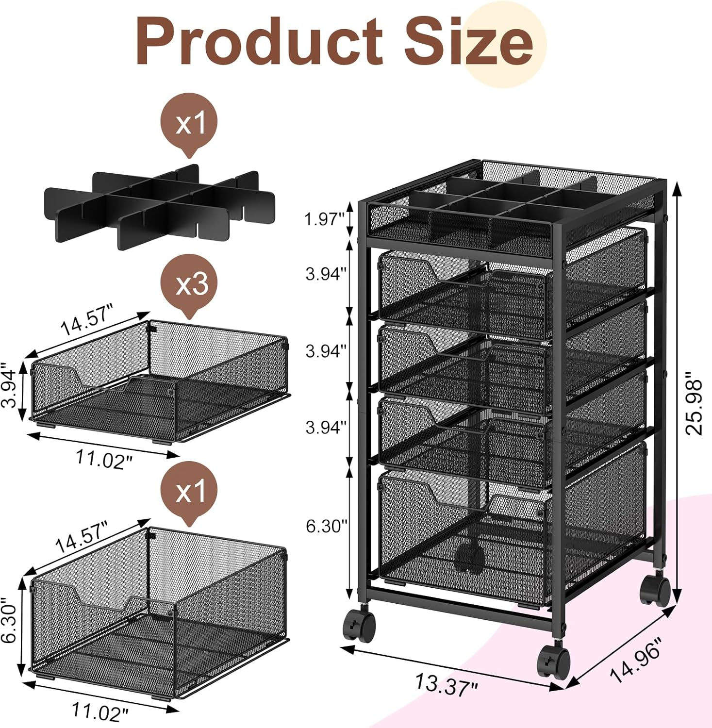 5-Tier Rolling Makeup Cart Organizer with 4 Drawers, Cosmetics Display with Dividers, Floor Skincare Storage with Wheels, Versatile Vanity Organizer for Nail Polish Perfume Brush Hair Tool, Black image number 3