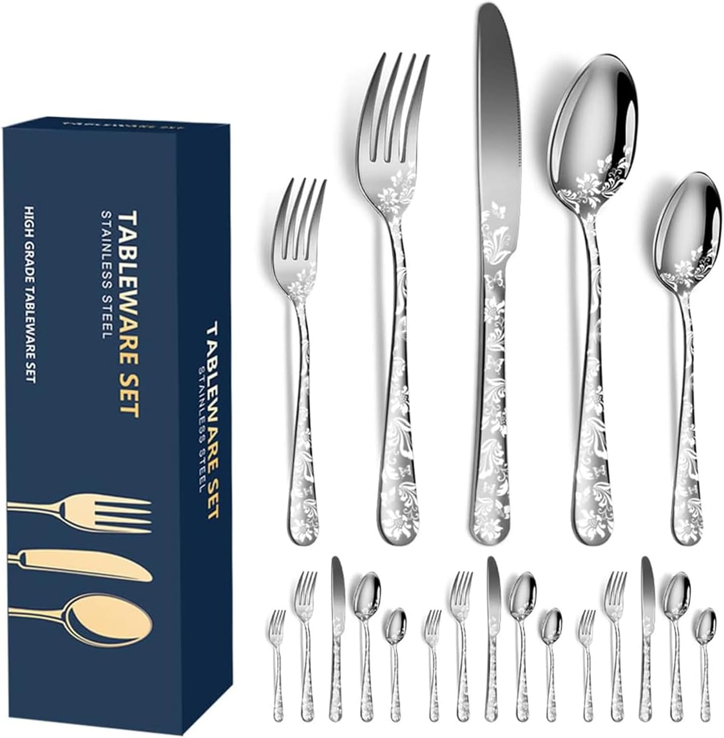 20Pcs Stainless Steel Flatware Set, Unique Flower Pattern Silverware Set Service for 4 People, Silver Cutlery Set with Knives/Forks/Spoons, Mirror Polished Utensil Set for Kitchen, Dishwasher Safe image number 2