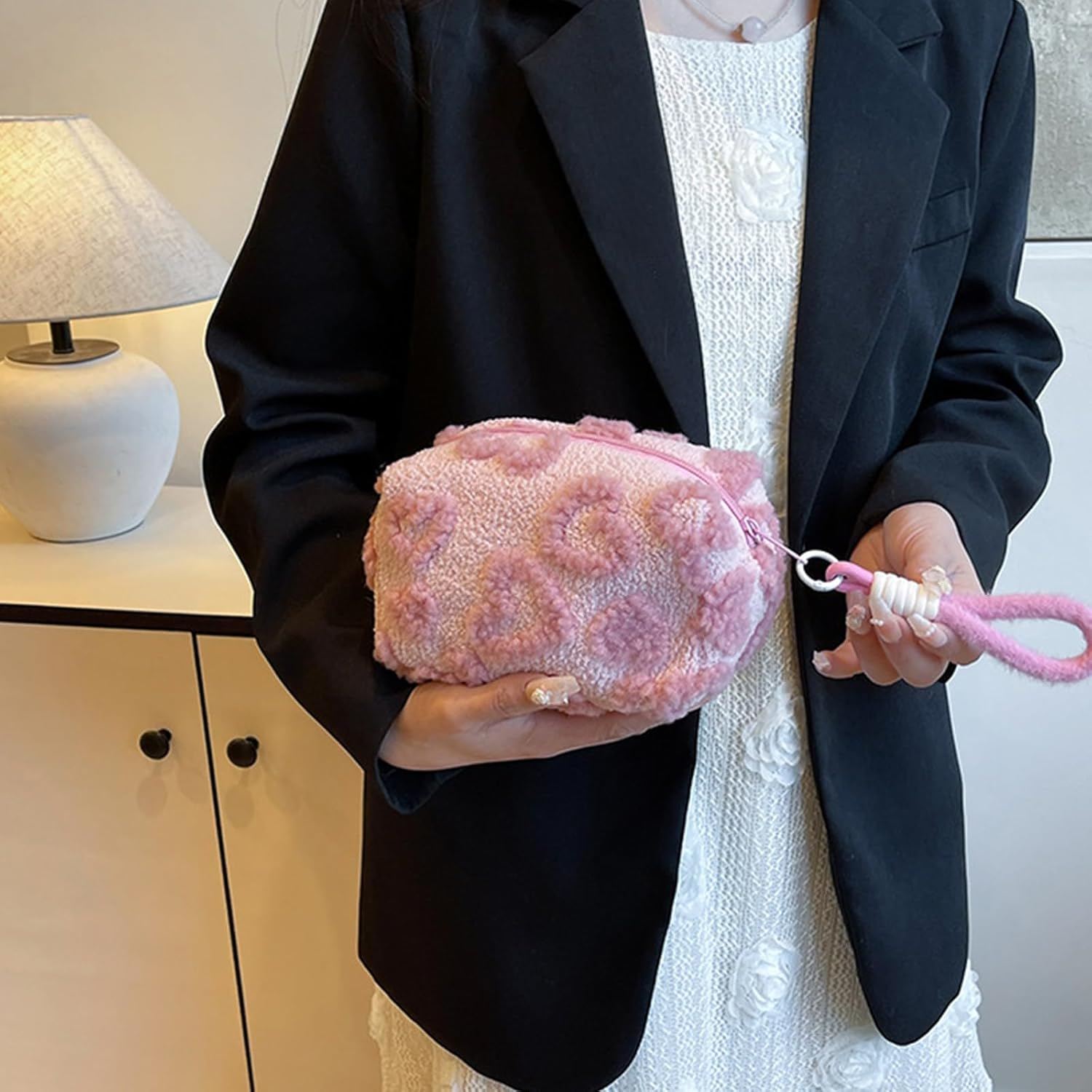 KASESSS Plush Makeup Bag, Heart Motif Make up Bag, Toiletry Bags, Large Cosmetic Bags with Handle, Portable Travel Puffy Flat Organizer with Zipper for Women Home Travel Office Cosmetic Storage, Pink image number 3