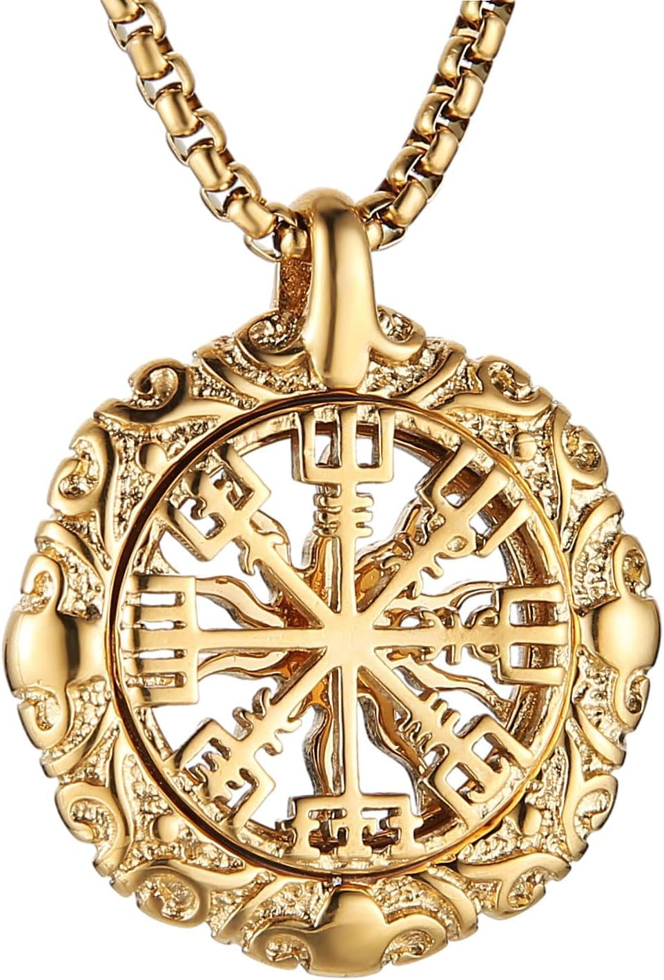 HZMAN Viking Vegvisir Norse Compass Stainless Steel Necklace Double-Sided Hollow Engraving Sun Totem Pendant Norse Amulet Jewelry