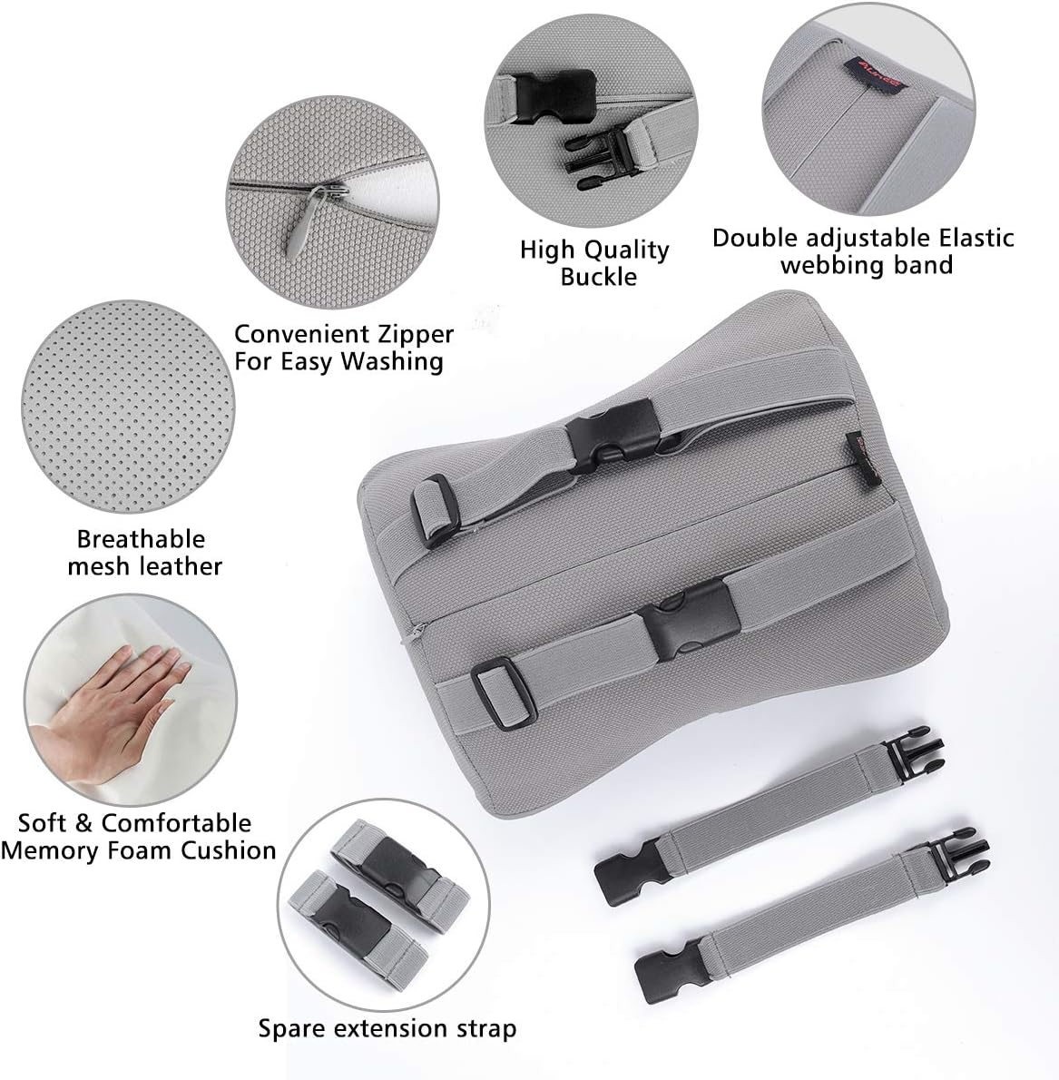 Aukee Memory Foam Car Neck Pillow Soft Leather Car Headrest for Driving Home Office Gray (Pack of 2) image number 4