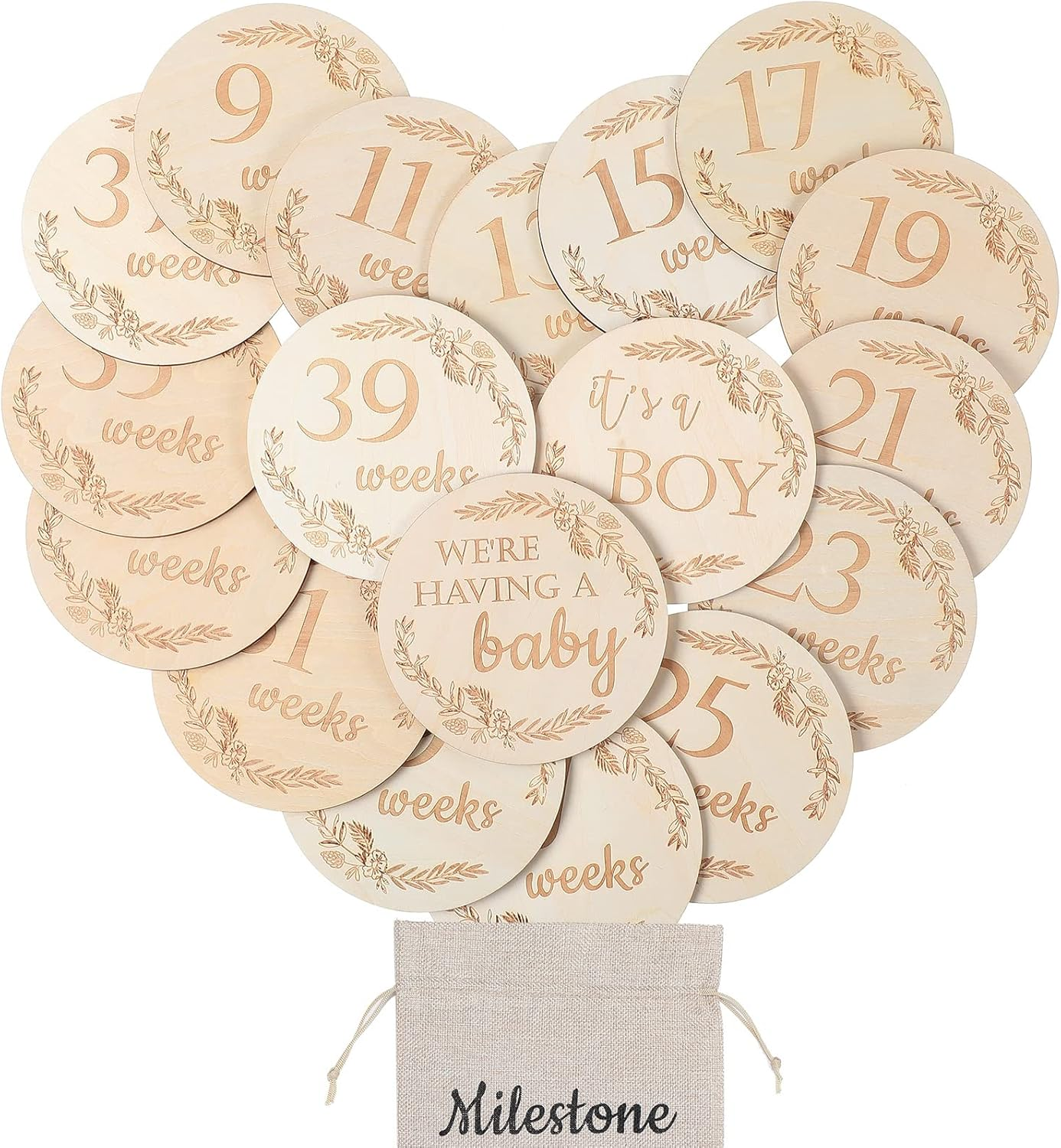 19 Pieces Pregnancy Milestone Signs Weekly Baby Bump Tracker 4.7" Milestone Cards Wooden Discs Double Sided Pregnancy Weekly Signs Neutral Baby Announcement Cards with Bag for Pregnant Moms image number 5