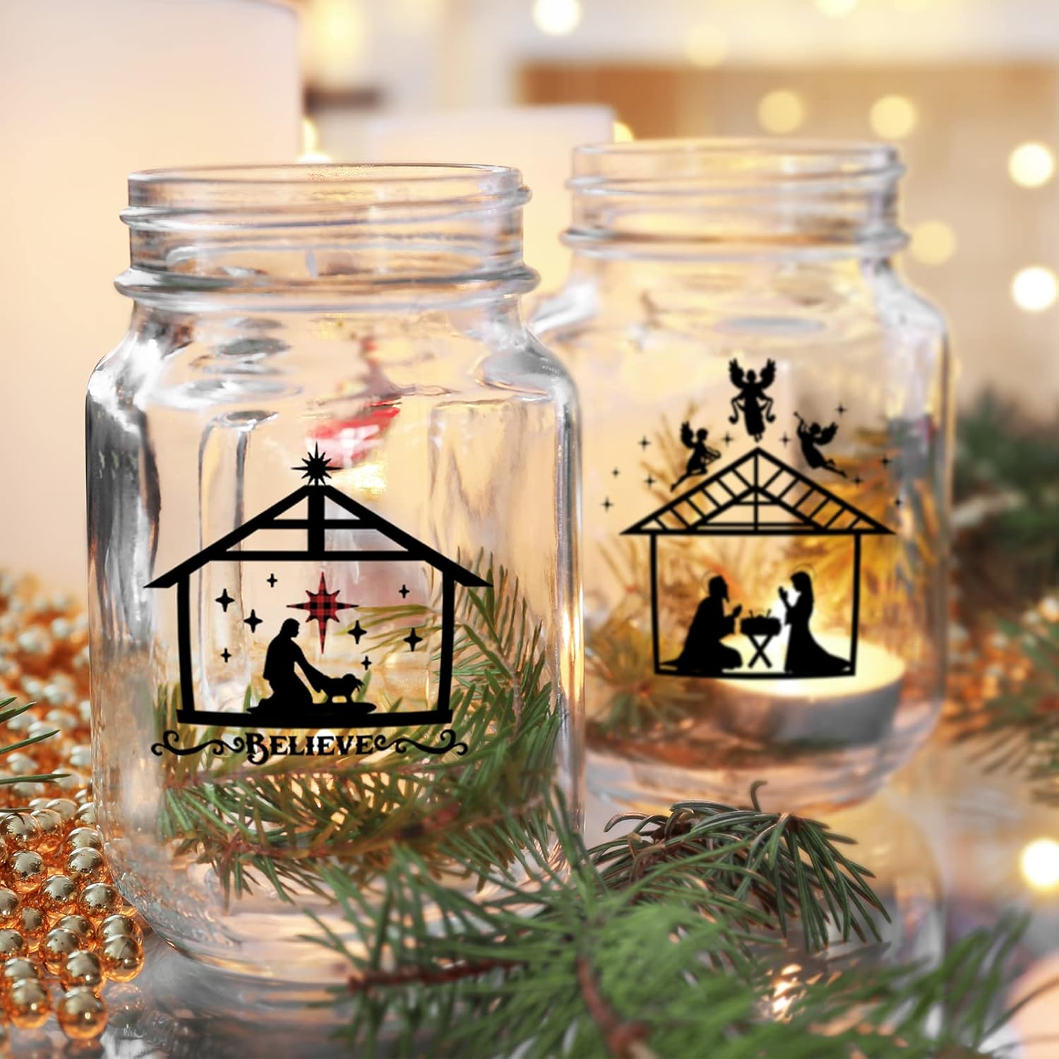 80 Pieces Nativity Mason Jar Vinyl Decals, Manger Scene Stickers, Santa Wreath Christmas Stickers for Glass Jar, Window, Bottle, Gift Box Decorations, 40 Styles image number 6