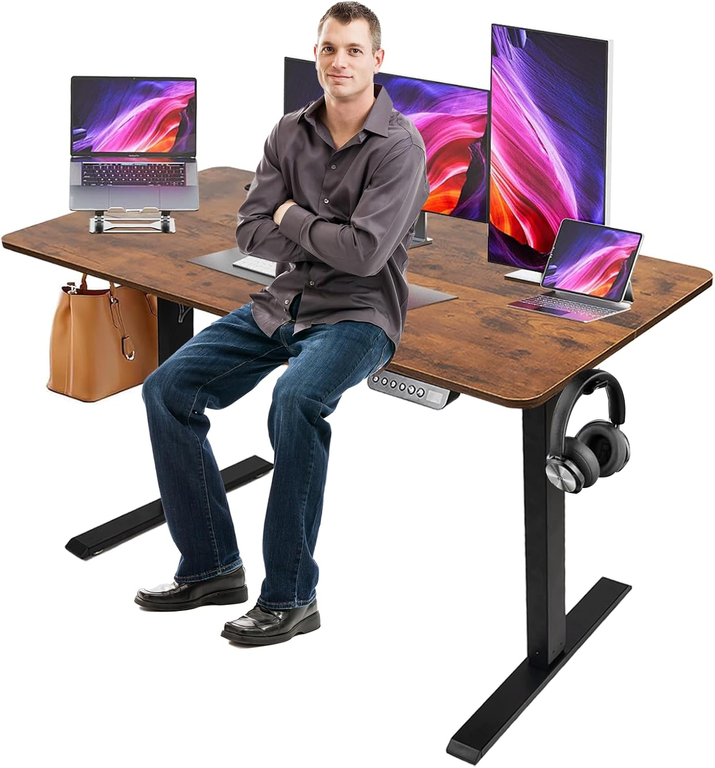 Electric Standing Desk - Motorized Height Adjustable Sit Stand Table with Touch Control Panel, Cable Management, and Headphone Hook - Ideal for Home Office (Black Frame+120Cm Brown Top) - White Frame120Cm Log Top image number 2