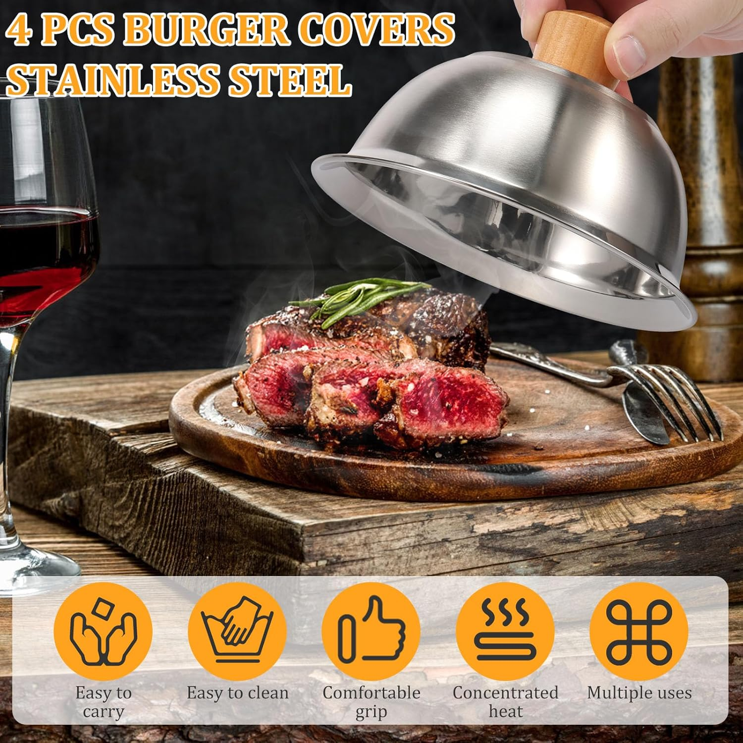 4 Pcs Burger Cover, round Basting Cover, Cheese Melting Dome with Bamboo Handle, Stainless Steel Burger Cover, Grill Accessory, Dishwasher Safe Steaming Cover for Cooking Hamburgers Steaks Bacon image number 3