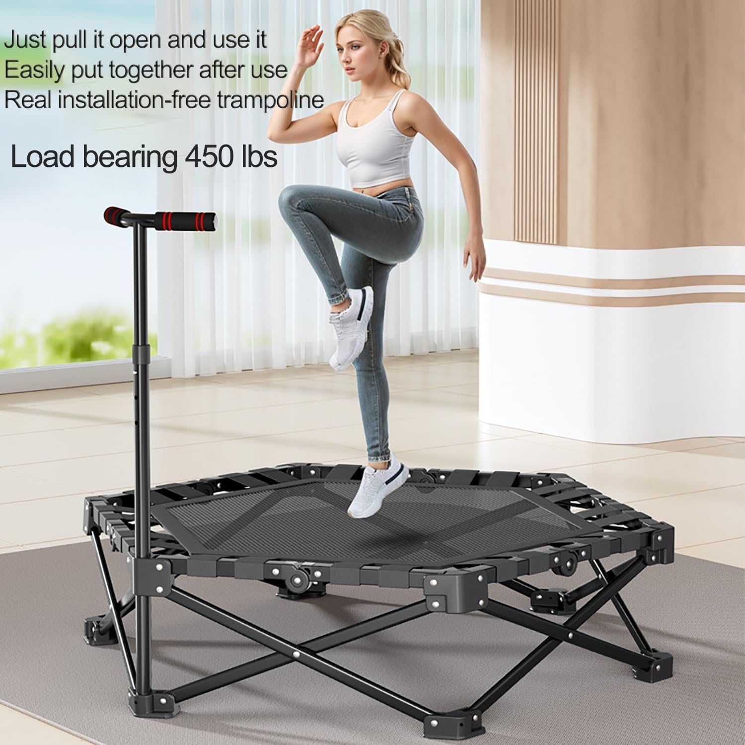 AMXGPT40 Inch Trampoline Has a Maximum Load Capacity of 300KG, the Fitness Trampoline Is Equipped with Adjustable Foam Handles, Suitable for Indoor/Outdoor Exercise for Adults and Children