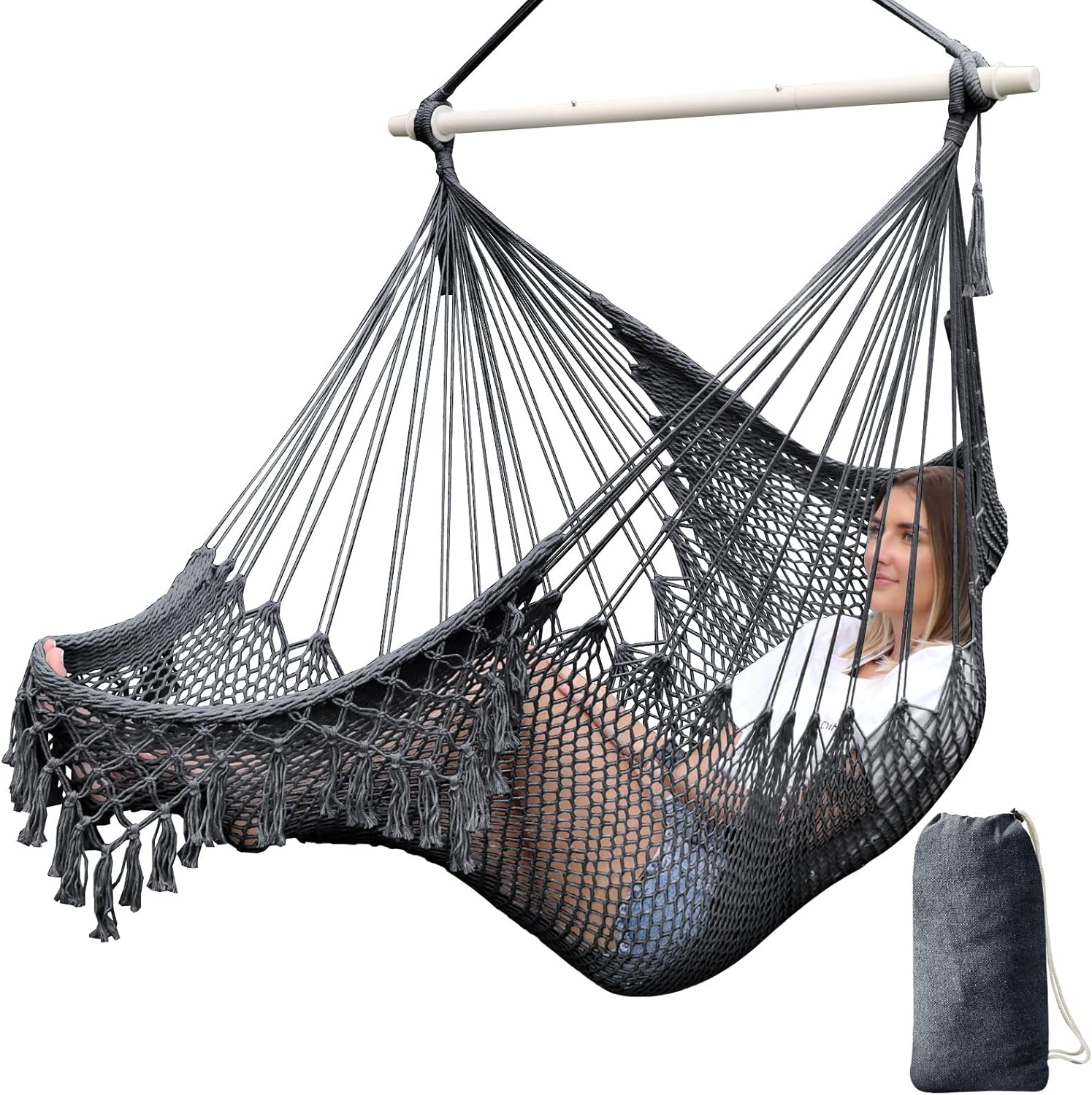 Chihee Hanging Chair Large Hammock Chair Soft Spun Cotton Rope Weave Chair Strong Metal Spreader Bar Wide Seat Lace Swing Chair Indoor Outdoor Garden Yard Theme Decoration