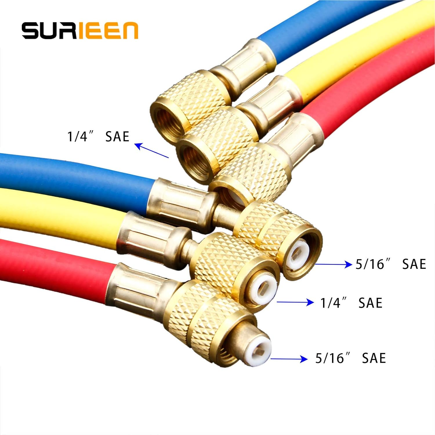 R410 Refrigerant A/C Charging Hose Tube Set (4000~800) PSI 1/4" SAE-5/16 SAE Thread 60" 5Ft 3 Colors, Fits for HVAC Air Condition R410 R32 Refrigerant Manifold Gauge, Set of 3 image number 3