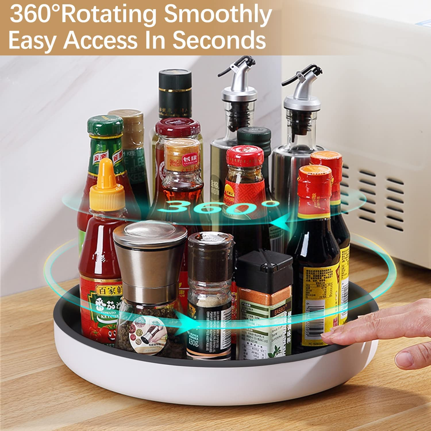 Lazy Susan Organiser 25Cm 360&deg; Rotating Tray for Kitchen Pantry Cupboard Black Lazy Susan Turntable for Cabinet Rotating Spice Rack Storage&hellip; - Grey image number 3