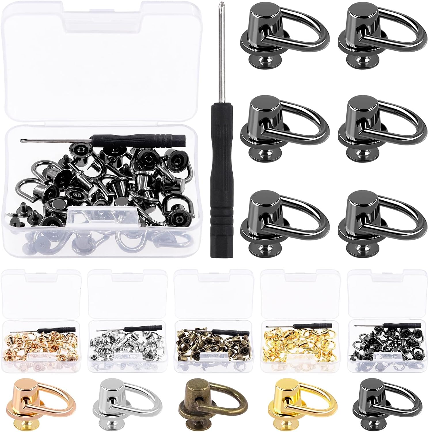 Glarks 41Pcs D Ring Rivets Kit Light Gold Ball Post Head Buttons Metal D Ring Stud Rivets Rotatable round Rivets with Screwdriver for Bags, Belts, DIY Leather Crafts