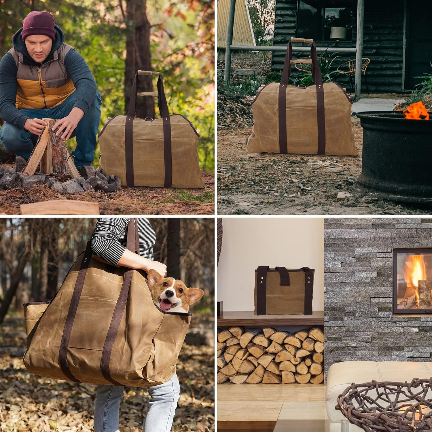 Myfireplacedirect Waxed Canvas Log Carrier Tote Bag, Extra Large Durable Firewood Holder with Handles and Shoulder Strap, Heavy Duty Wood Carrying Bag for Fireplaces & Wood Stoves - Grey image number 3