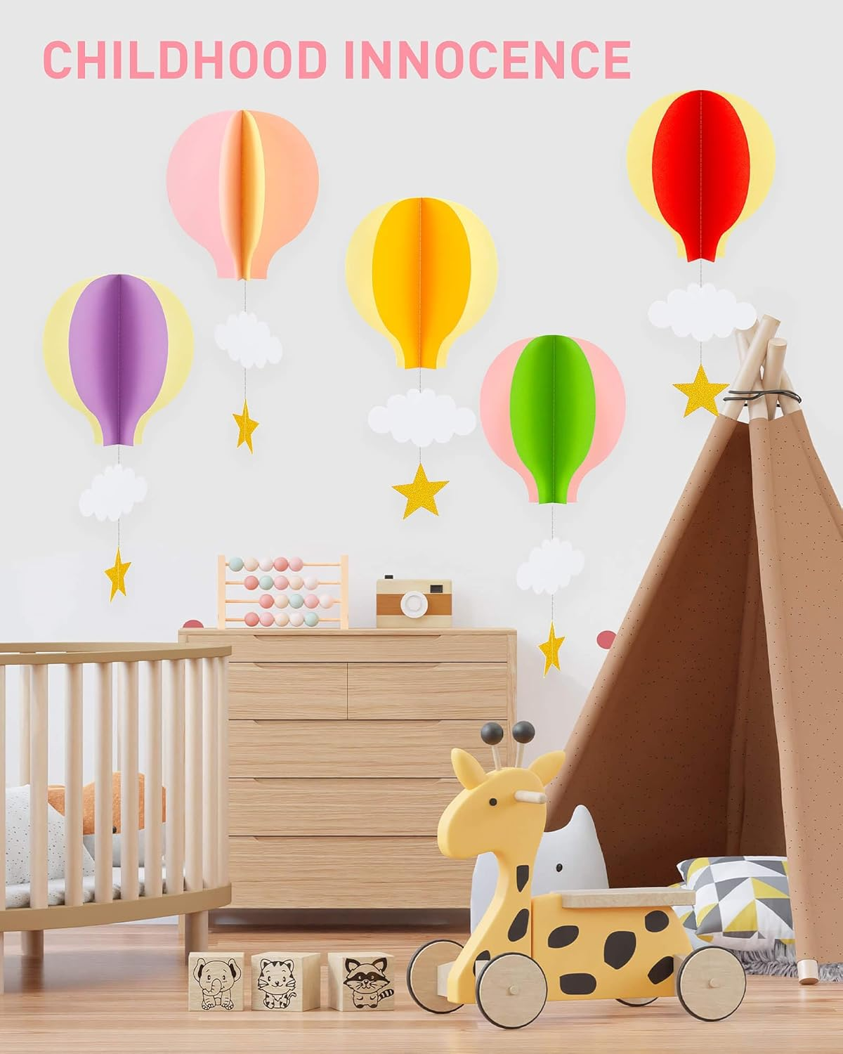 Vomika Colorful Fantasy Hot Air Balloon Hanging Paper Decorations Garland Pack of 5 Big Size with Clouds Stars for Kids Room, Baby Shower, Birthday Party, Wedding Part image number 4