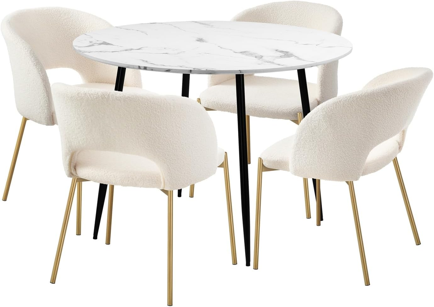 Oikiture 110Cm round Dining Table and Chairs White Dining Set with Marble Table and Sherpa Dining Chairs Set of 4 - Gs-Gold image number 5