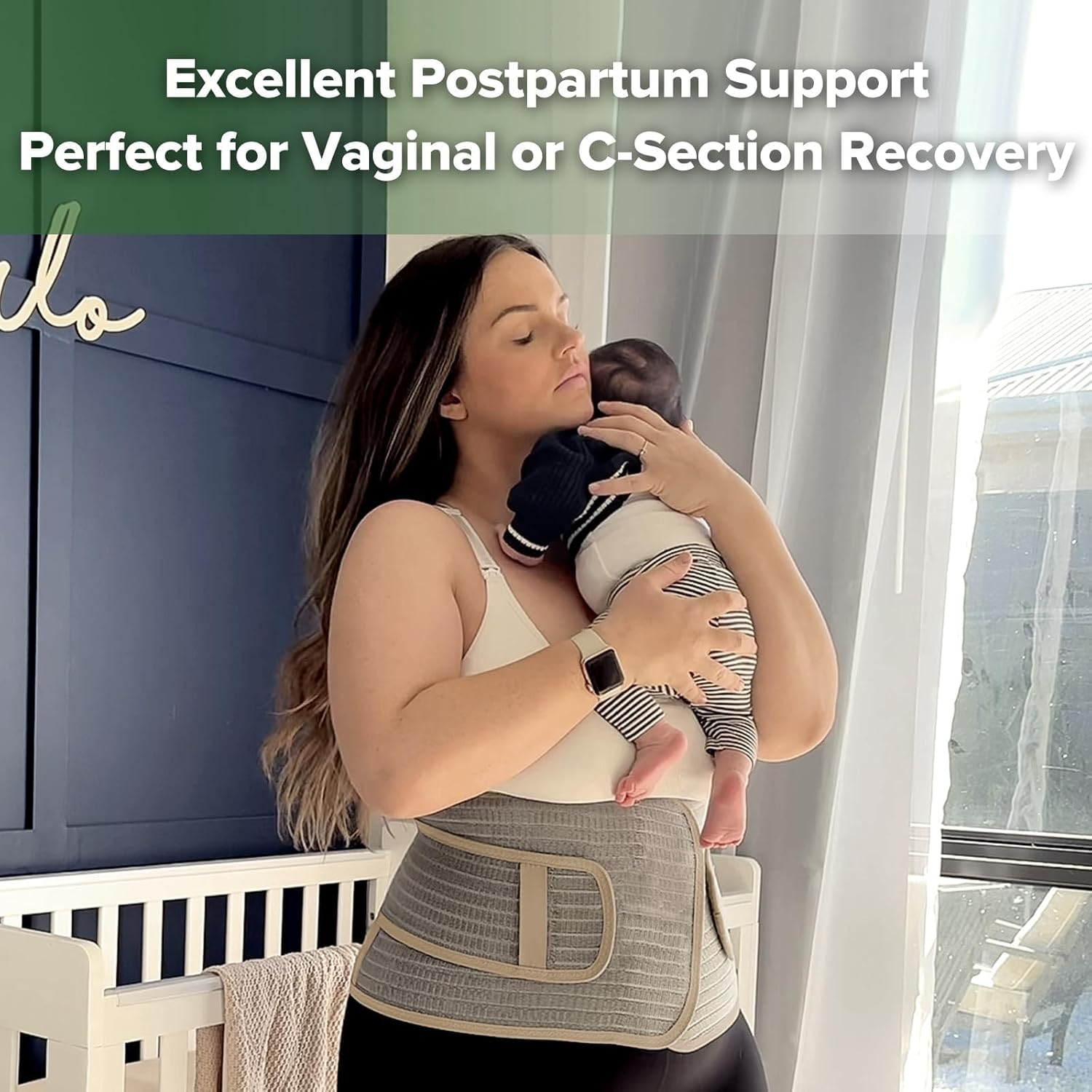 Haakaa Postpartum Belly Band, Postpartum Belly Wrap Back Support, Natural Delivery & C Section Recovery Band Waist Shaper, M Almond image number 1