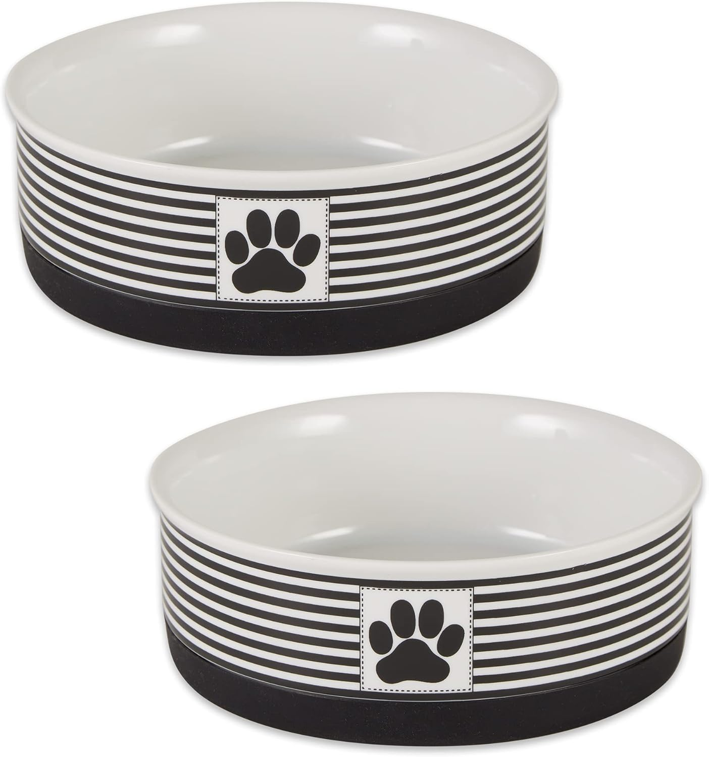 Bone Dry DII Paw Patch & Stripes Ceramic Pet Bowl for Food & Water with Non-Skid Silicone Rim for Dogs and Cats (Medium - 6" Dia X 2" H) Nautical Blue - Set of 2