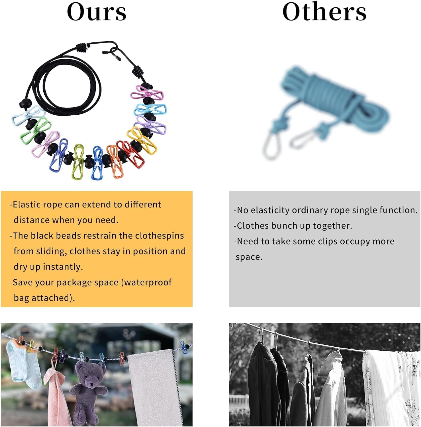 Walquicks 2 Pcs Retractable Portable Travel Clothesline, Non-Slip Retractable Adjustable Color Clothesline Line with 12 Clothes Clips, for Indoor Laundry Drying Line, Outdoor Camping Accessories image number 1