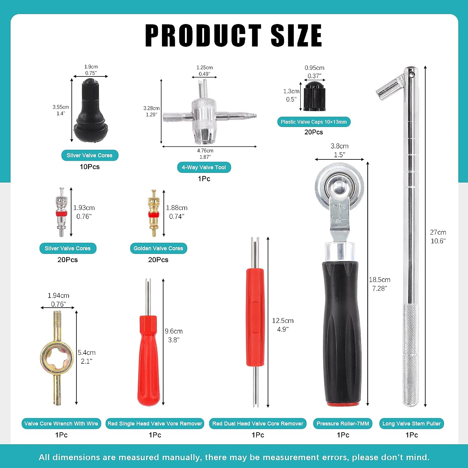 76Pcs Tire Patch Auto Repair Tool Kit Includes Valve Stem Remover Puller, Valve Core Remover, Tire Patch Roller, 4-Way Valve Tool, Valve Cores, Valve Core Removal Key Single Head Valve Remover image number 3