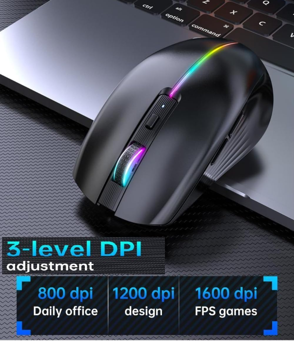 Bluetooth Mouse, Multi-Device Rechargeable Silent 6-Button Wireless Mouse Tri Mode BT 5.0+BT4.0+2.4G with RGB Backlight, 1600DPI Ergonomic Mouse for Mobile/Tablets, Laptop PC image number 4