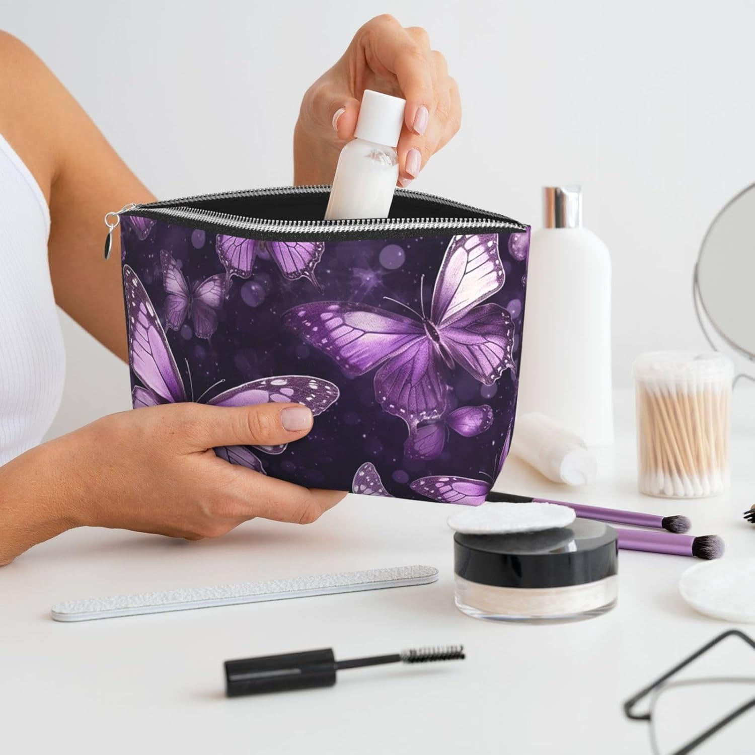 SDTYKHJ Large Capacity Makeup Bag for Women, Waterproof Portable Shaving Bag, Small Toiletry Bag, Purple Butterflies, Leather Cosmetic Organizer Bags for Travel, Siliver, One Size image number 1