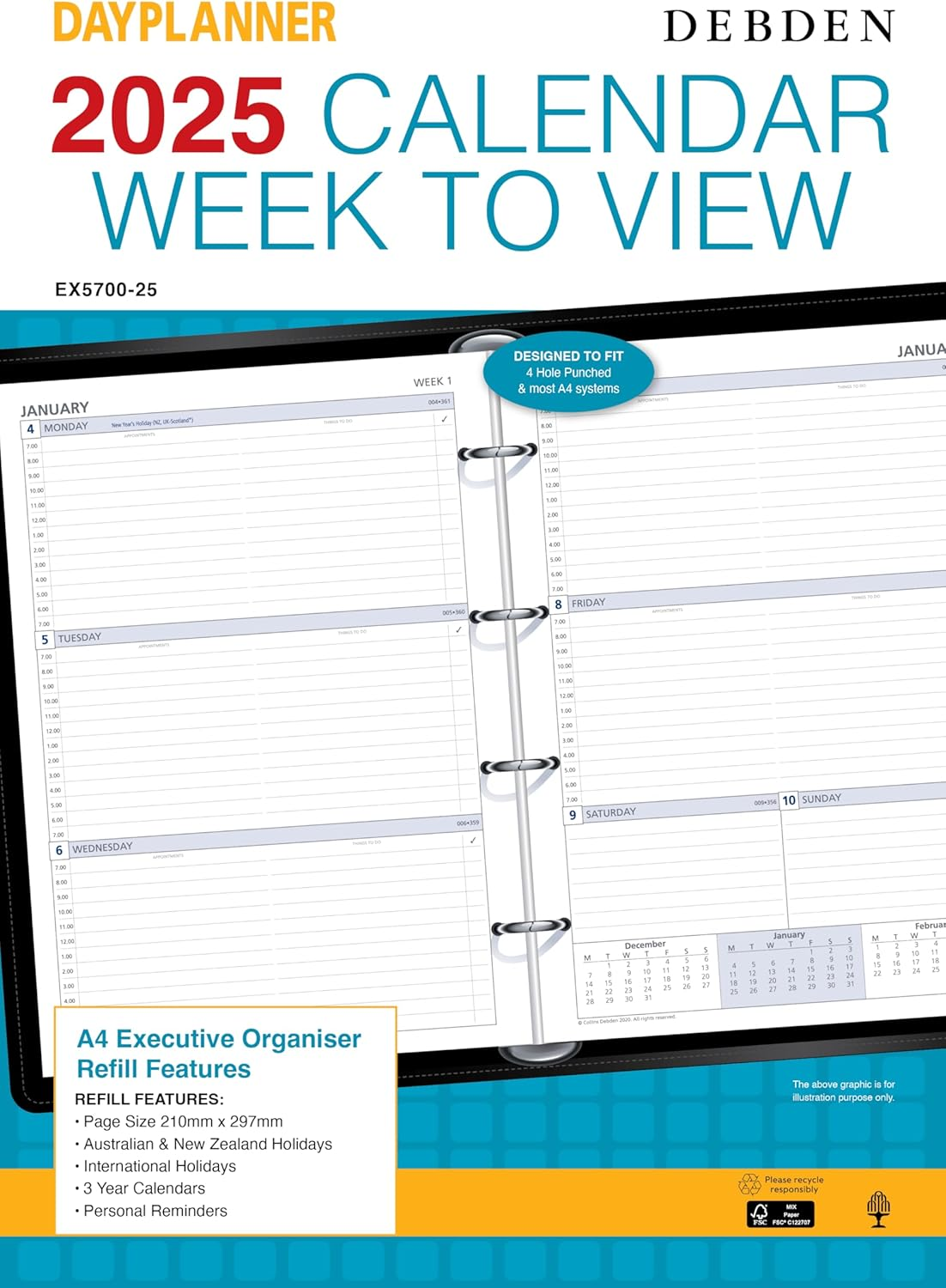 Collins Day Planners - A4 Week to View Calendar Year Diary/Planner Refill - with Appointments - 2025 image number 1