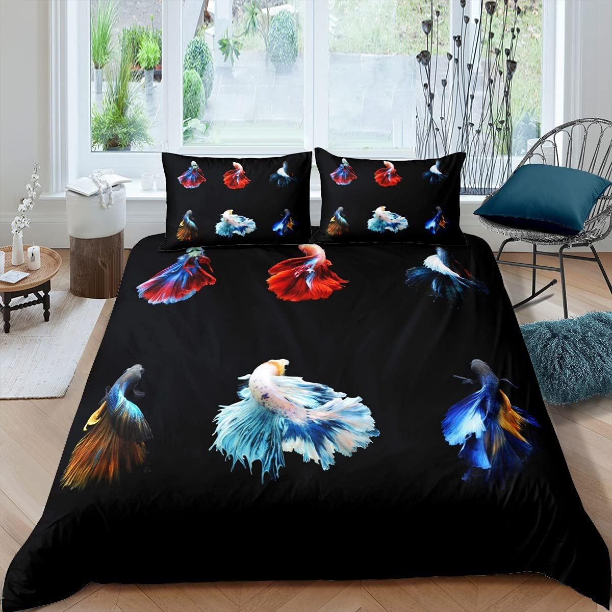 Homemissing Betta Fish Duvet Cover Set, Colourful Siamese Betta Fish Bed Set, Underwater Animal Pattern, Bedding Set, 135 X 200 Cm, for Children, Adults, Aquarium, Life in the Sea, Sea World Room Decoration image number 4
