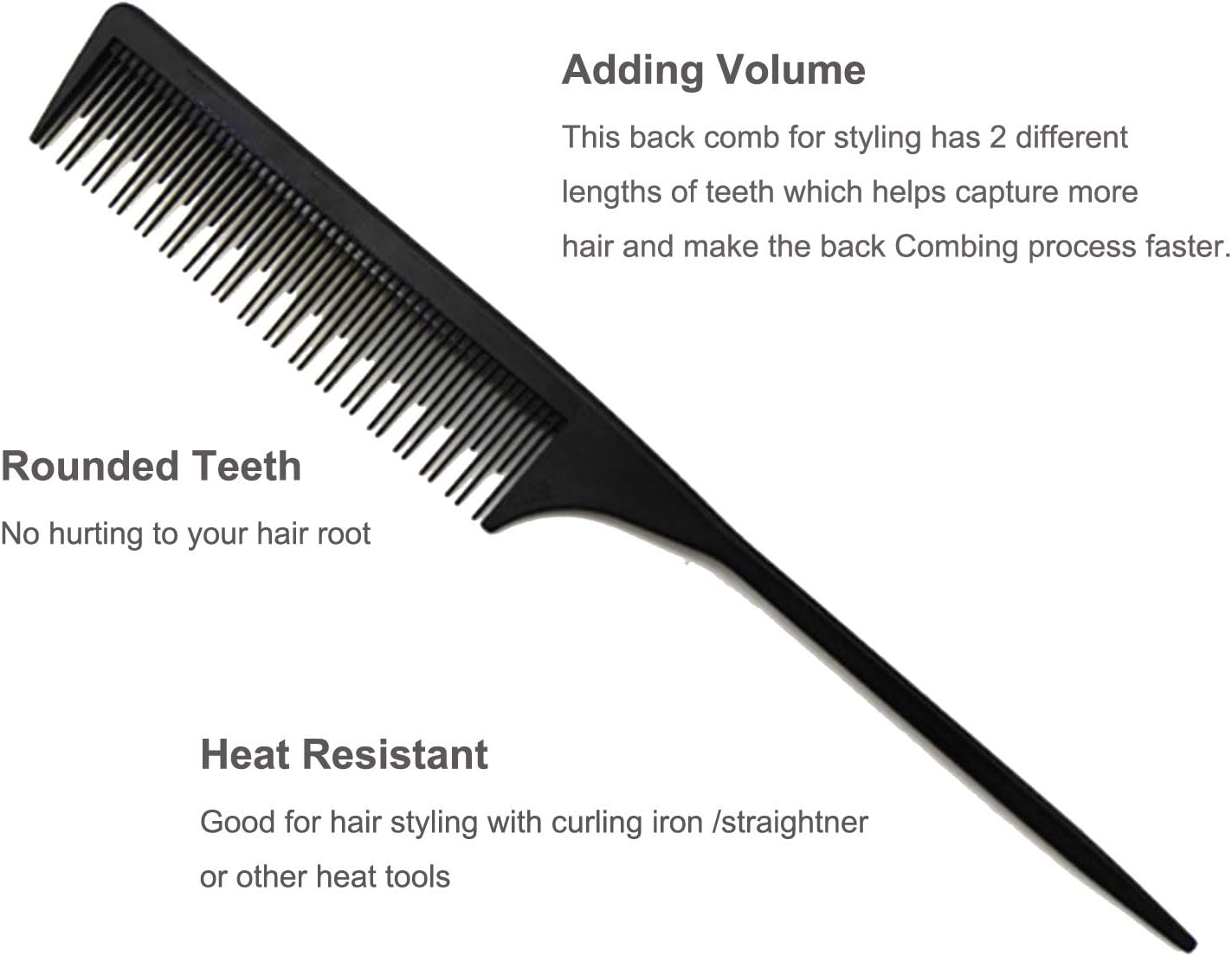 Professional Teasing Comb, Tail Comb for Root Teasing for Thin, Add Volume Fine and Normal Hair Types, Hair Comb for Women and Men, 8.75 Inches Black 5 image number 1