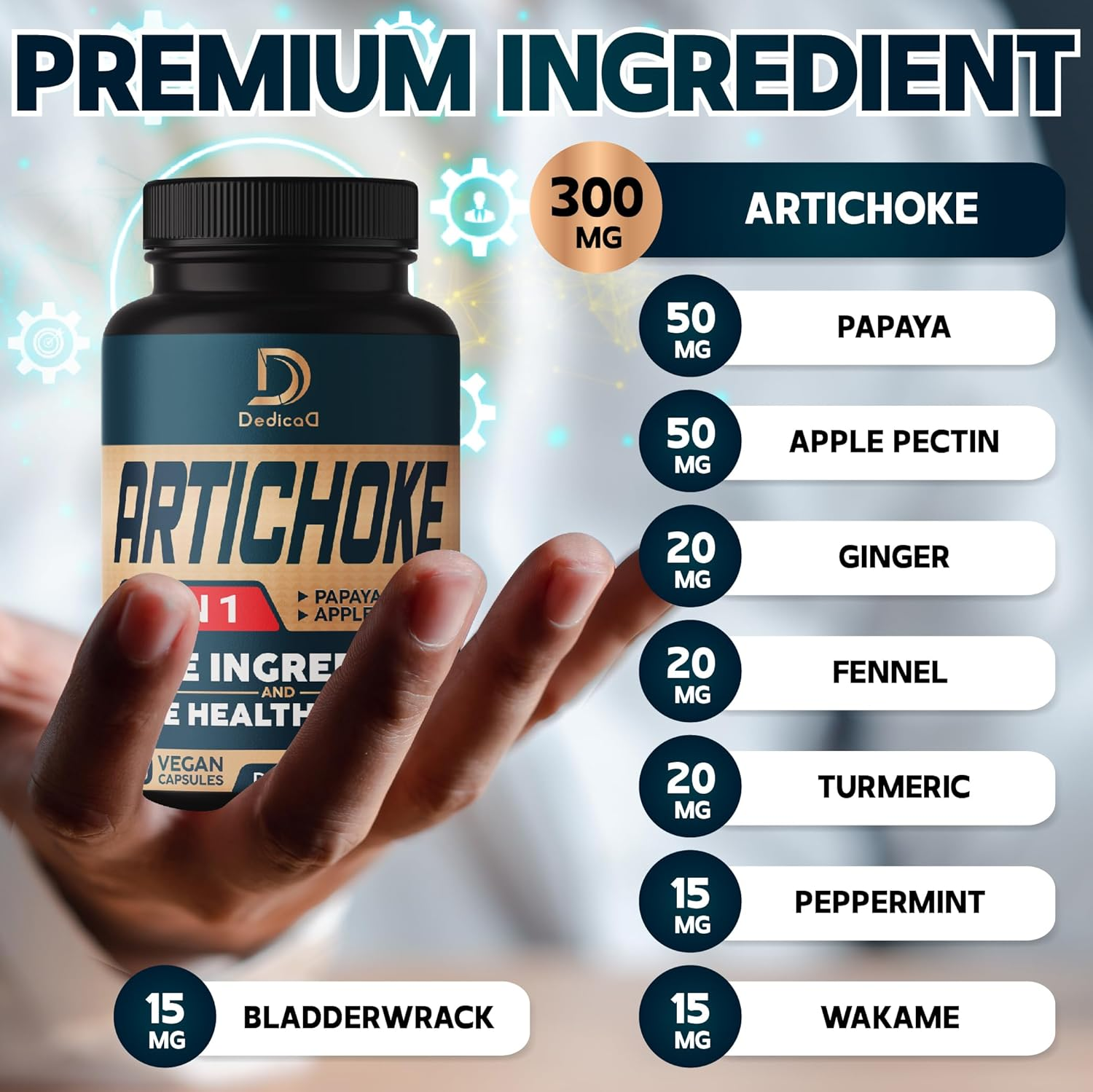 DEDICAD Artichoke Extract Capsules 6650Mg 4-Month Supply - Combined 9 Herbs Papaya, Apple Pectin, Ginger & More - Non-Gmo 2 Packs 60 Capsules image number 5