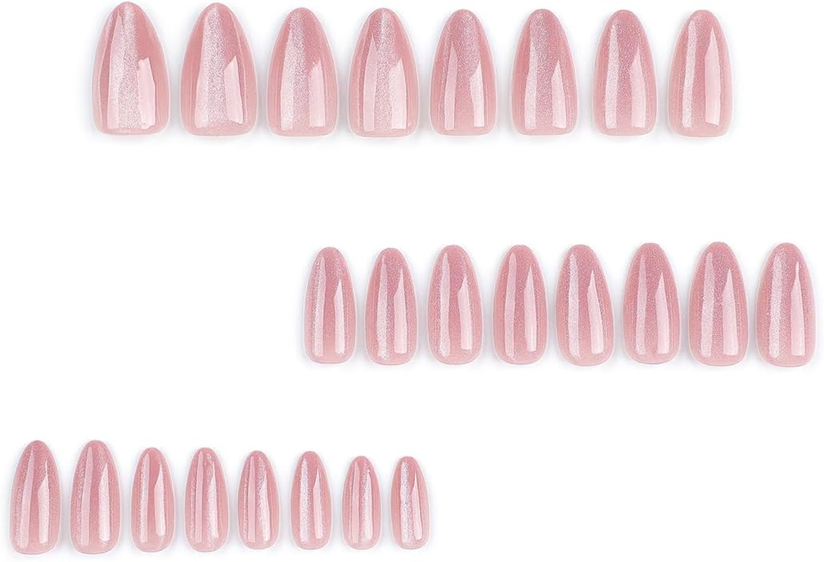 24 PCS Almond Glitter Press on Nails Pink Cat Eyes False Nails Glossy Medium Fake Nails Full Cover Stick on Nails for Women and Girls