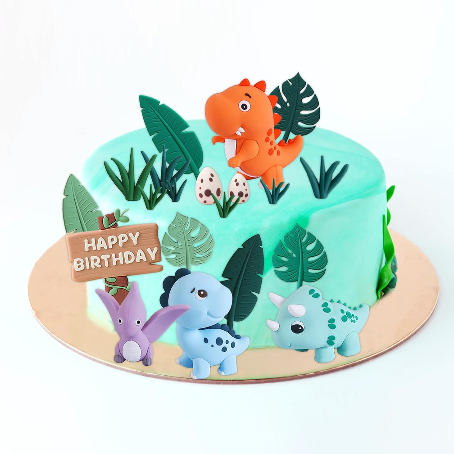 Chris.W 17 PCS Dinosaur Cake Topper Set, Dinosaur Eggs Leaves Grasses Cake Decorations with Happy Birthday Sign Cake Toppers for Birthday Party Decors, Safari Animal Themed Party Supplies image number 4