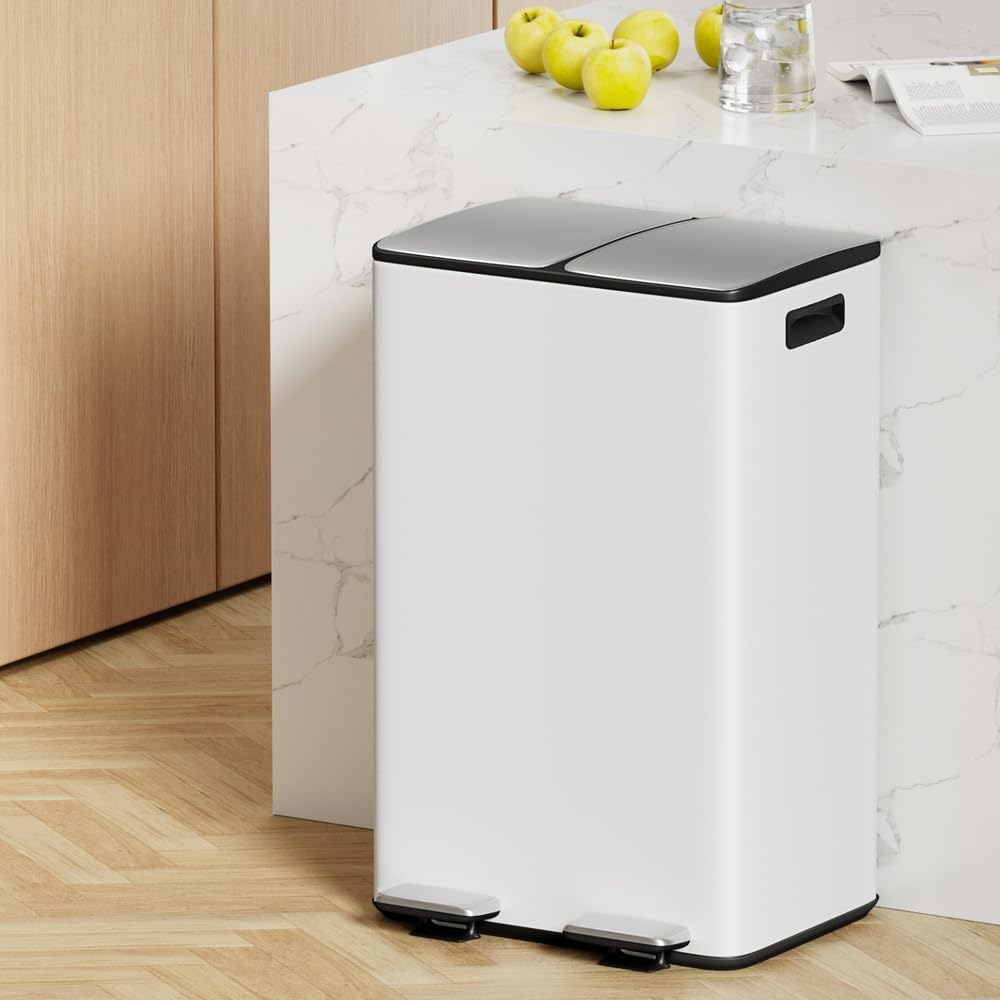 Cefito Pedal Bins Rubbish Bin Dual Compartment Waste Recycle Dustbins 60L White image number 3