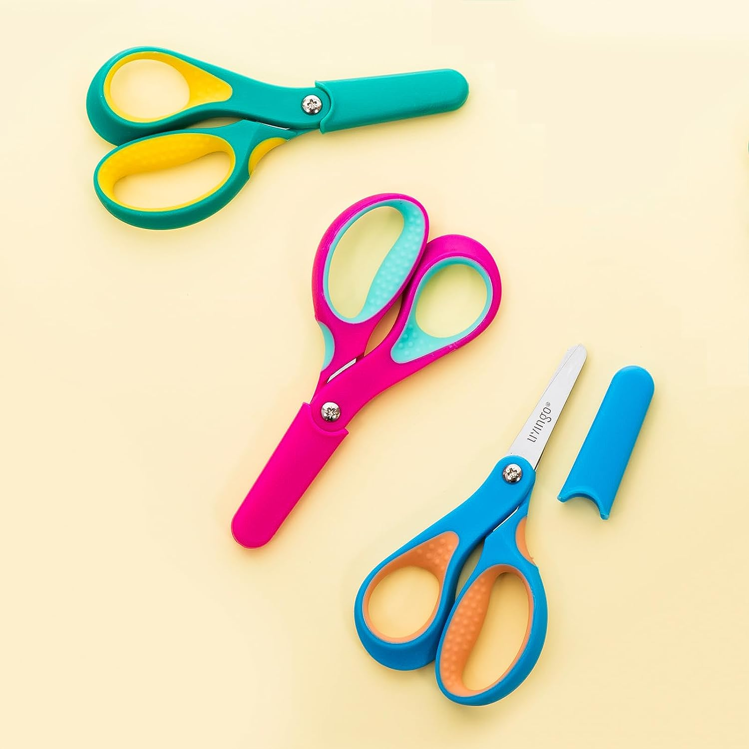 LIVINGO Left Handed Kids Scissors: Blunt Tip Safety Lefty Toddler Child Scissors for School Craft Cutting Paper - 3 Pack 5 Inches Comfort Grip Green, Rose Pink, Blue image number 1